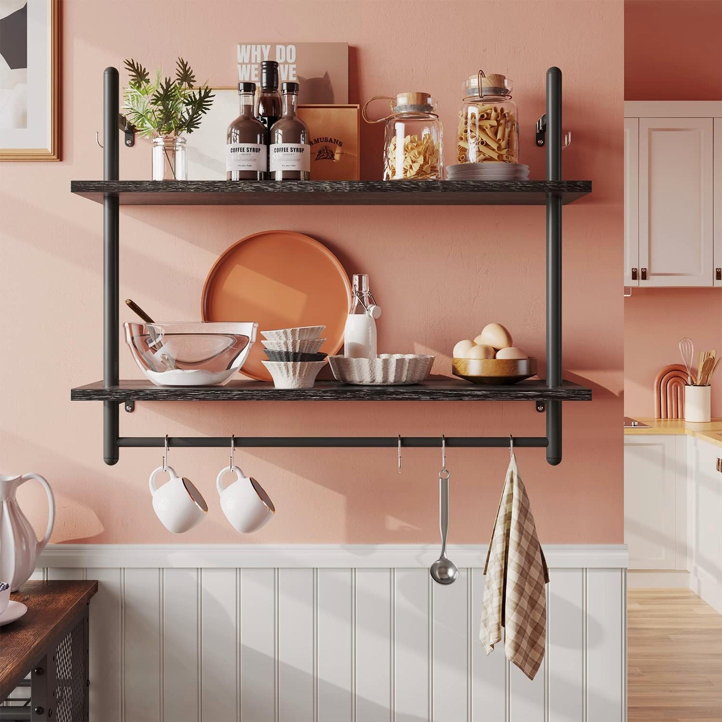 Bestier Pipe Shelf Industrial Floating Shelving 31" Kitchen Wall-Mounted Shelf Towel Bar Hooks Coffee Bar Shelves Wine Hanging Display Rack Bookshelf Living Room Decor Bathroom-Charcoal Black