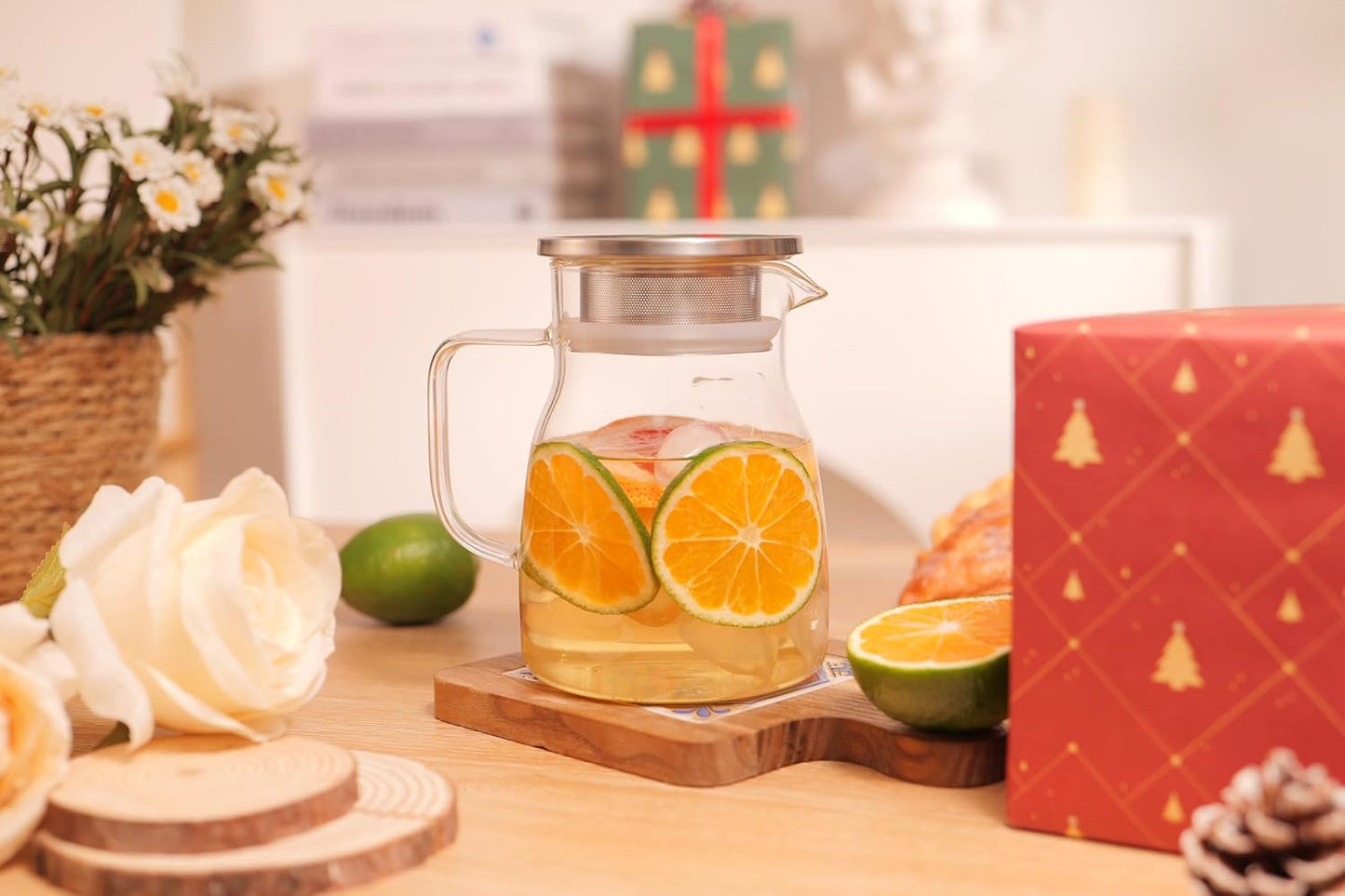 CNGLASS One-Touch Glass Teapot, 27oz(800ml) Glass Tea Kettle with Stainless Steel Filter Lid, Stovetop Safe Loose Leaf Tea Maker