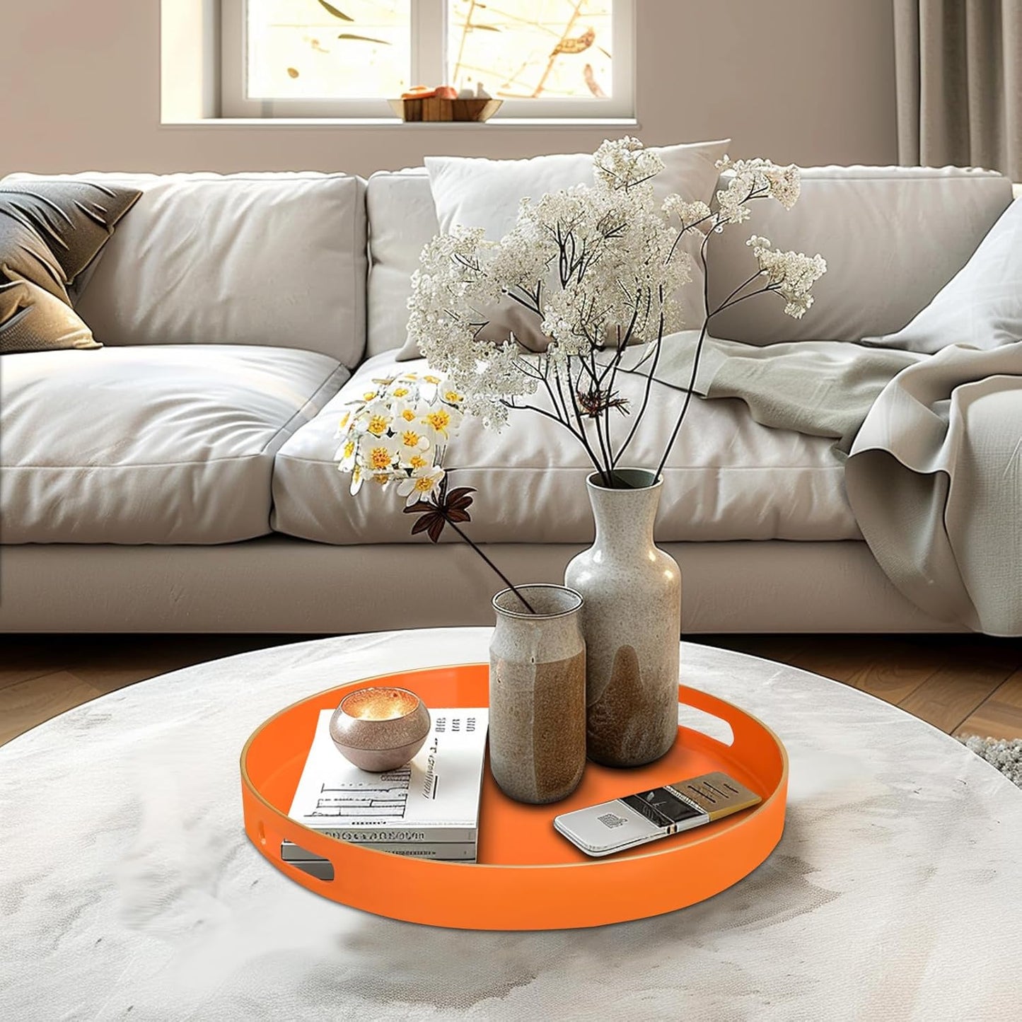 MAONAME 13" Round Tray, Orange Serving Tray with Handles, Modern Decorative Trays for Coffee Table, Plastic Ottoman Trays for Ottoman, Bathroom, Halloween Decor