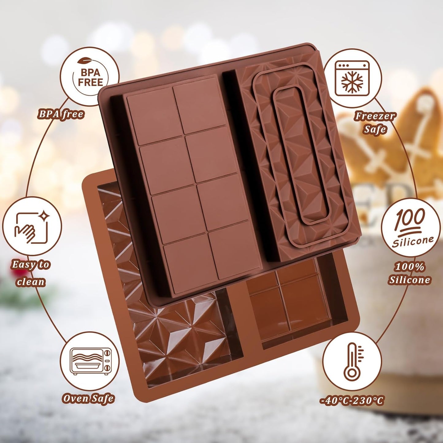 Mity rain Chocolate Bar Mold Deep - 1 inch Deep Thick Non-Stick Silicone Molds for Stuffed Dubai Chocolate Bar Pistachio, Large Food-Grade Candy Bar Mold with 50 bags for Filling & Snacks