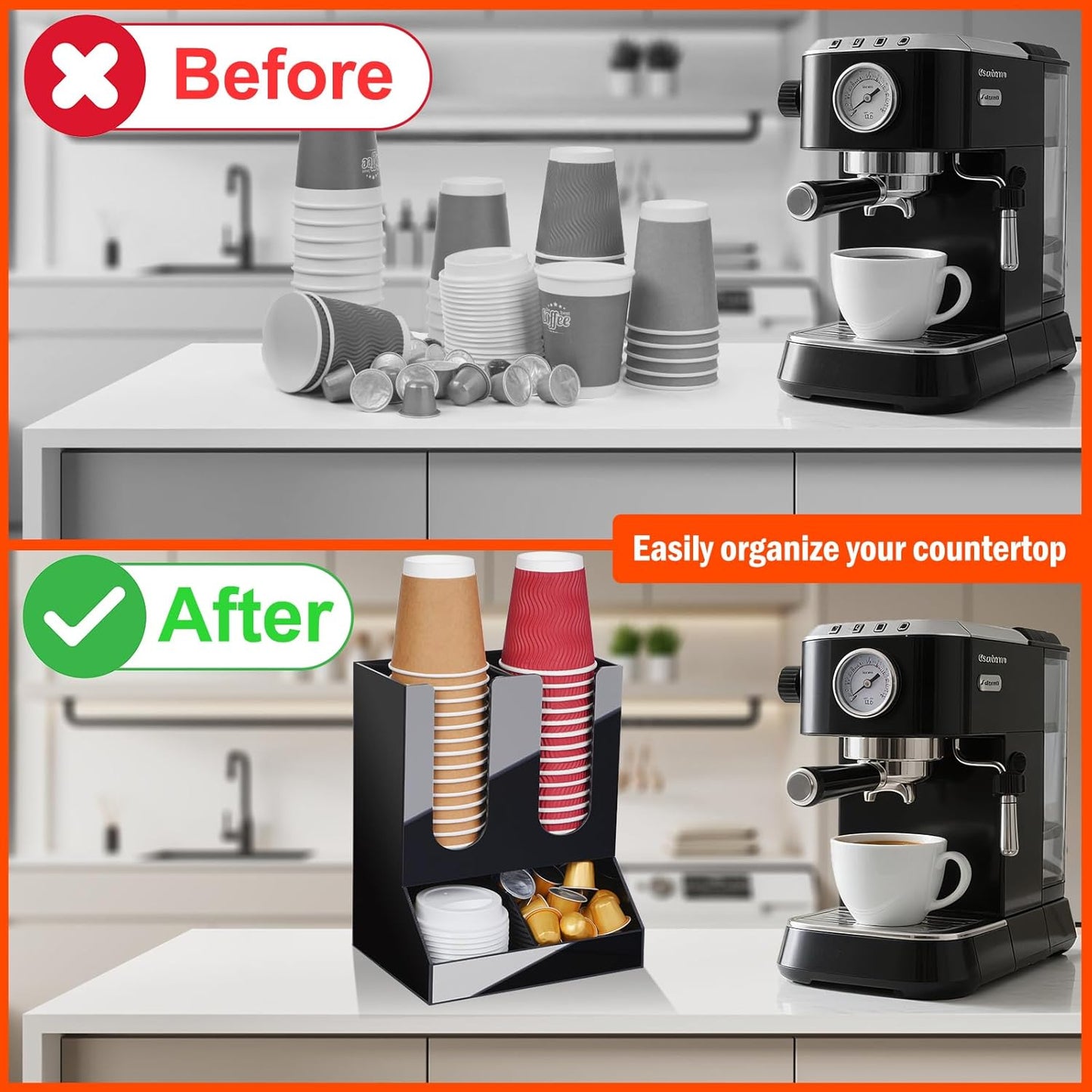 MYITYARD Coffee Station Organizer, Coffee Cup Holder for Countertop, Cup and Lid Dispenser with 4 Compartment, Coffee Bar Accessories Organizer for Home, Kitchen, Office and Breakroom