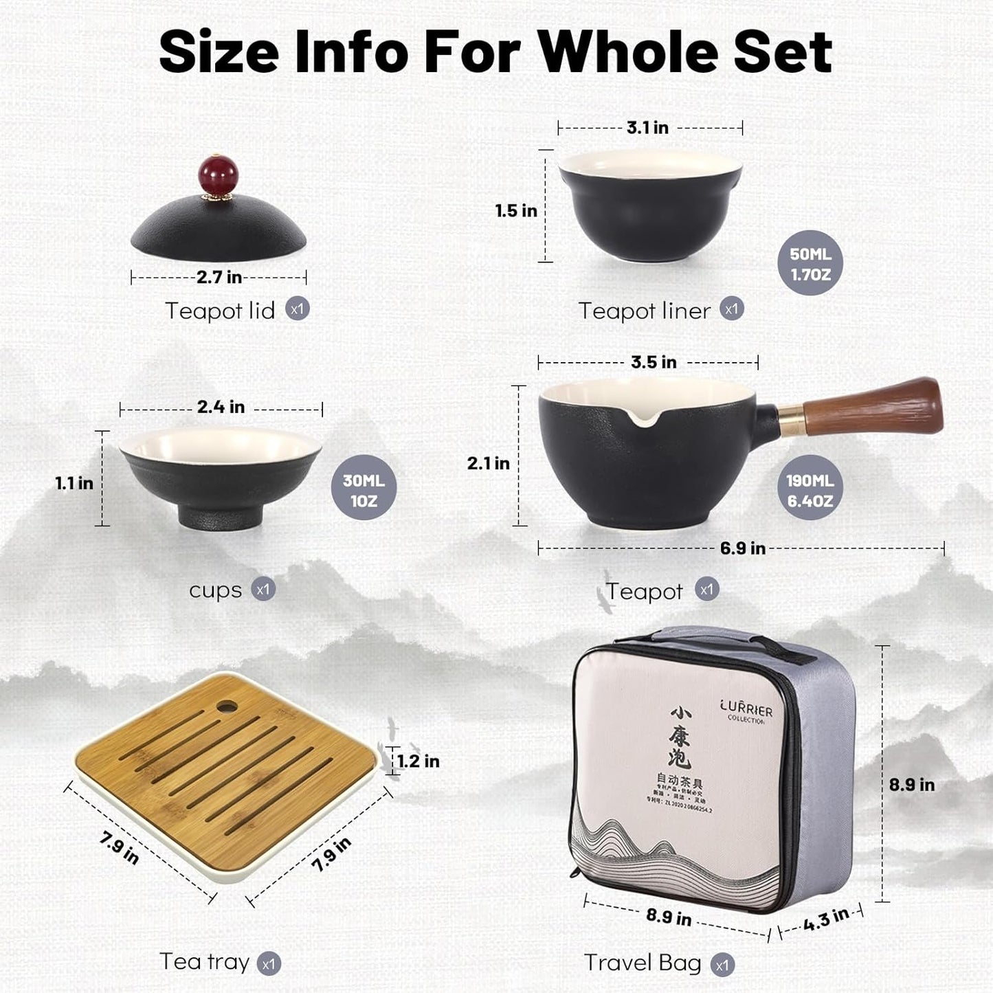 LURRIER Porcelain Chinese Gongfu Tea Set,Portable Teapot Set with 360 Rotation Tea maker and Infuser,Portable All in One Gift Bag for Travel,Home,Gifting,Outdoor and Office (Black)