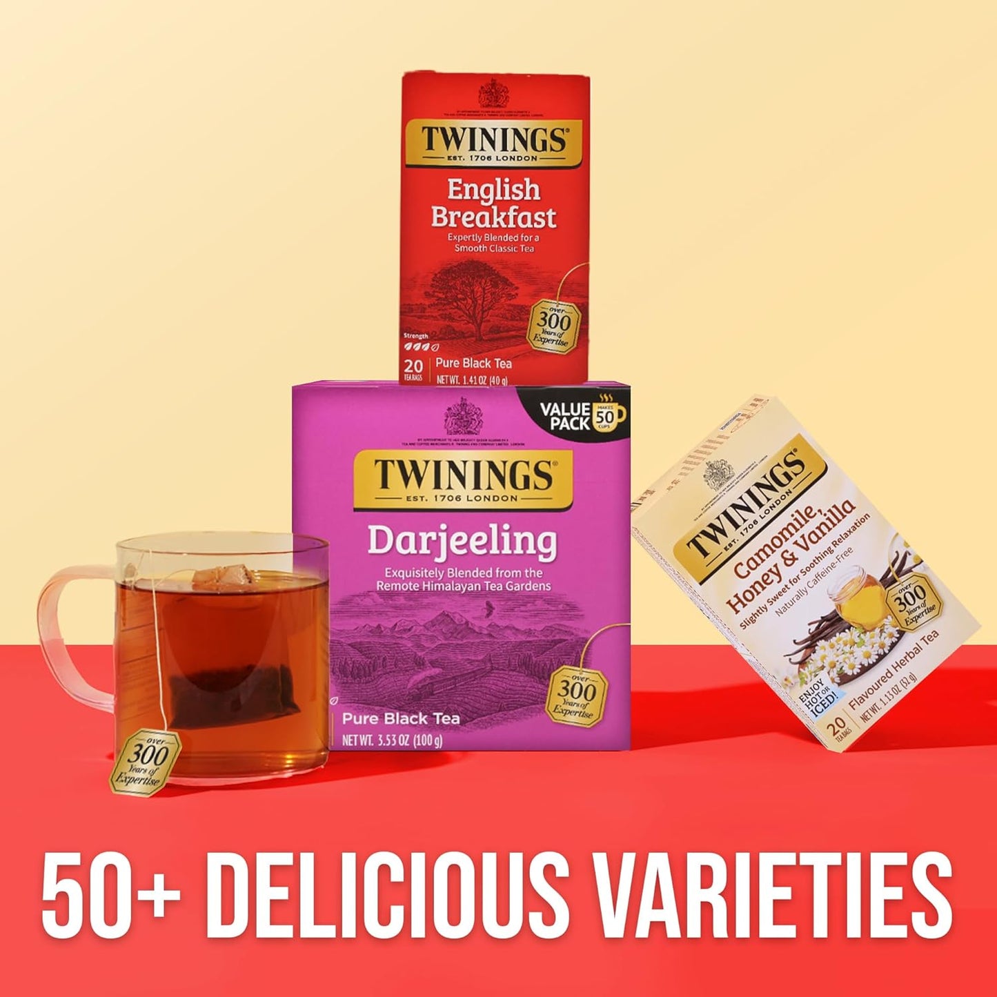Twinings Darjeeling Black Tea Individually Wrapped Bags, 50 Count (Pack of 6), Delicate Light Taste, Caffeinated, Enjoy Hot or Iced, 300 Teabags