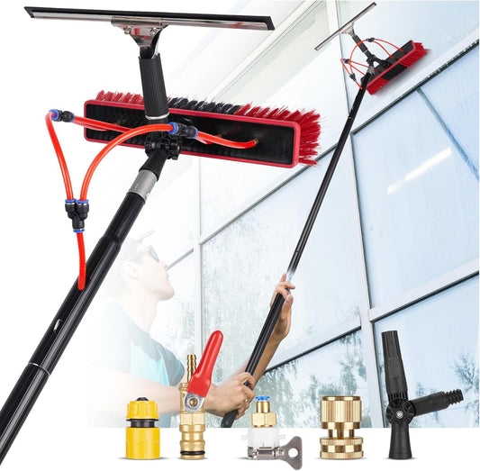 40ft Water Fed Pole Kit, Rotatable Solar Panel Cleaning Brush & Squeegee, 2 Dusting Brushes, Extendable Black Lightweight Pole for Roof Window