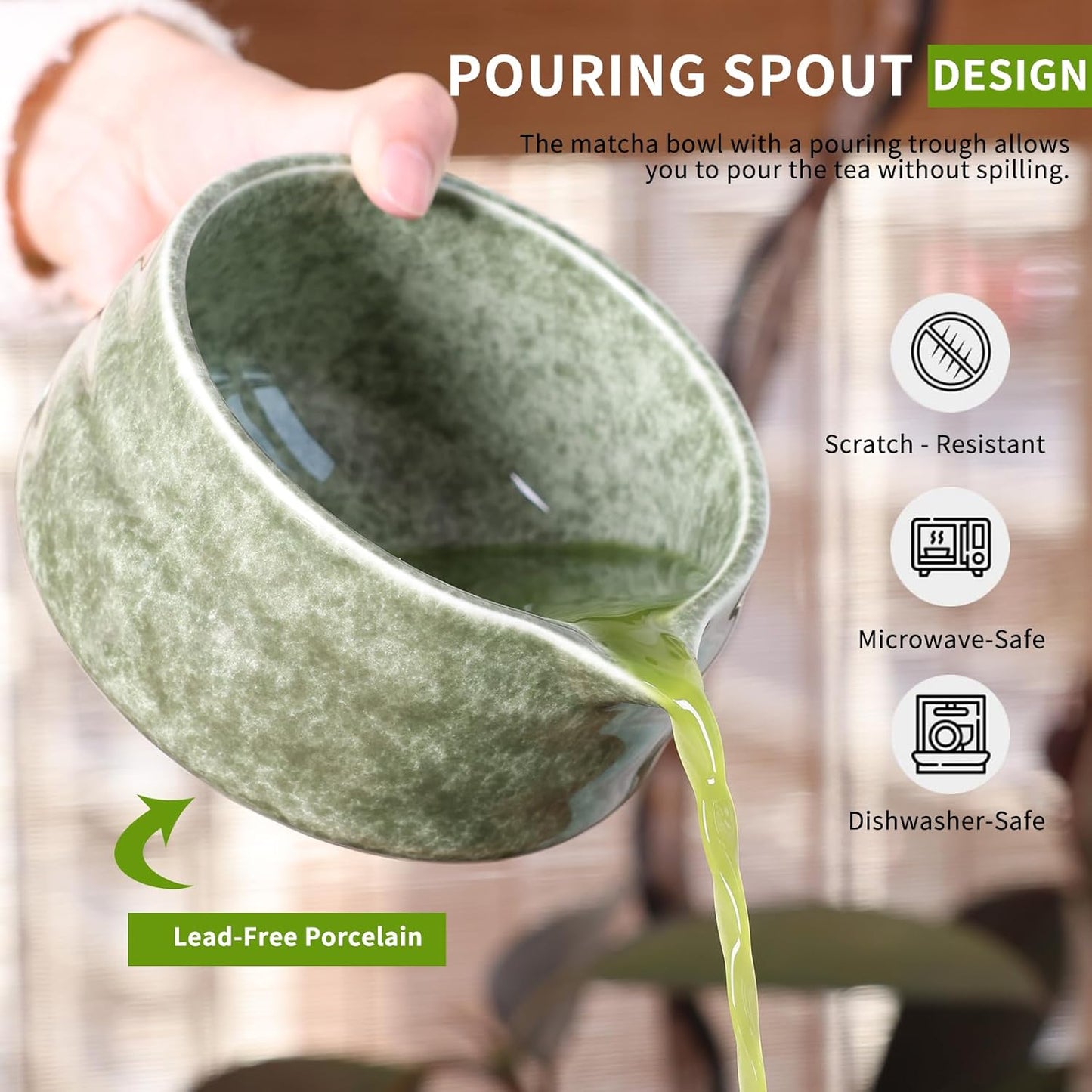 Japanese Ceramic Matcha Bowl - 16oz Speckle Glaze Chawan & Whisk Stand for Perfect Froth, Dishwasher Safe Green