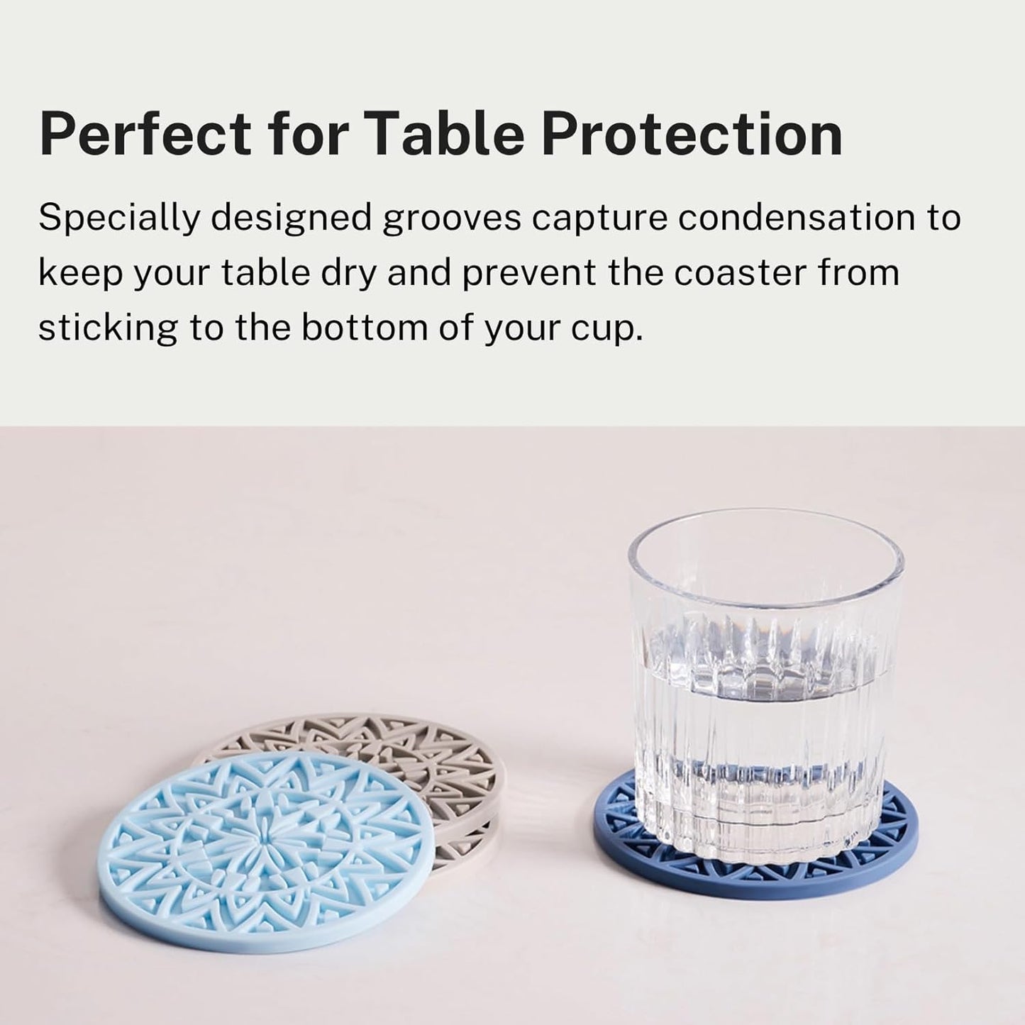 Set of 6 Baby Blue Silicone Coasters with Holder, Drink Coasters with Tribal Pattern Shape- for Table Protection, Anti Slip, Nonstick, Heat Resistant, Deep Tray