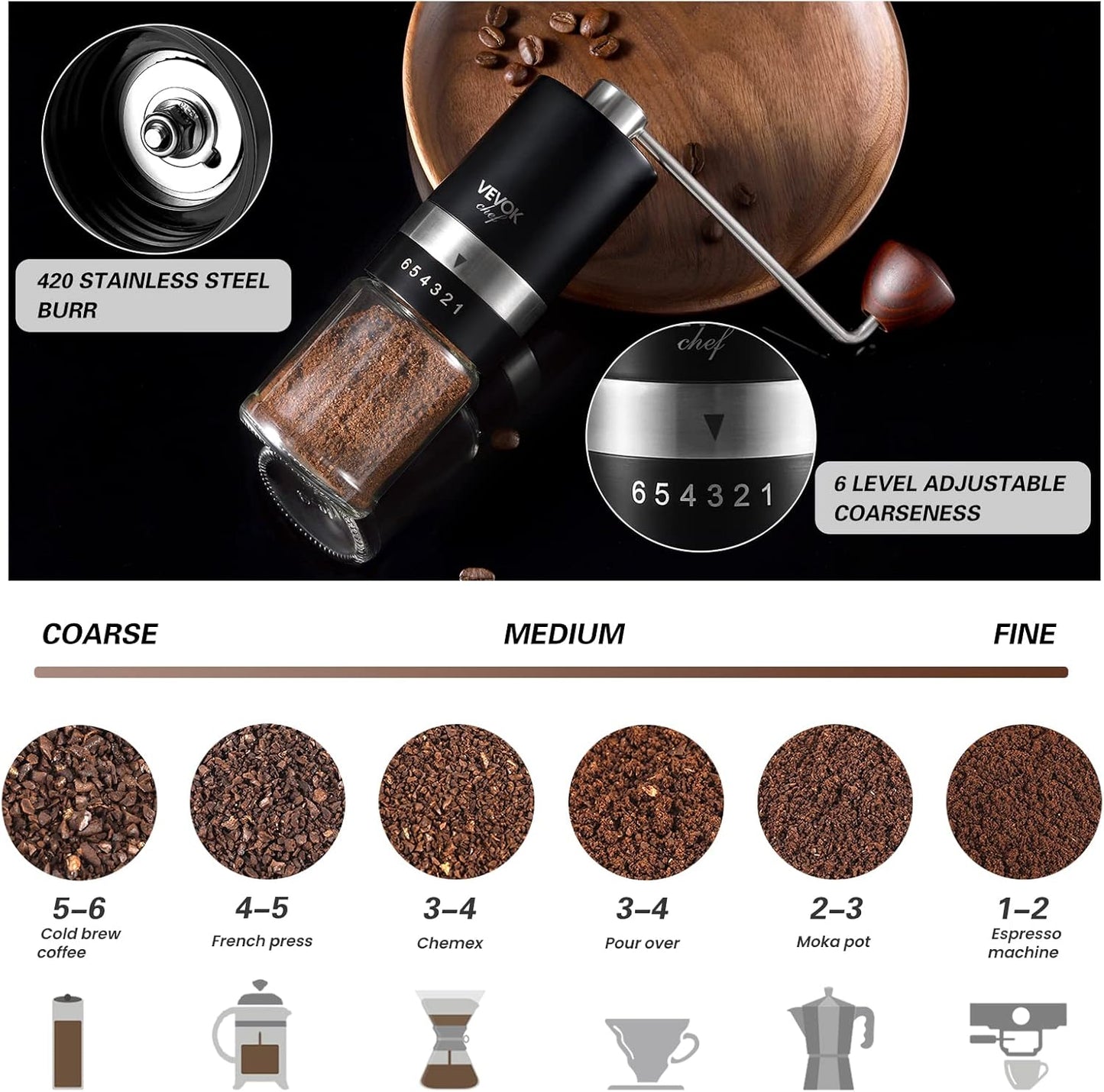 VEVOK CHEF Manual Coffee Grinder Hand Coffee Grinder 6 External Adjustable Setting Stainless Steel Conical Burr Coffee Mill Portable Hand Crank Coffee Bean Grinder Fine for Espresso