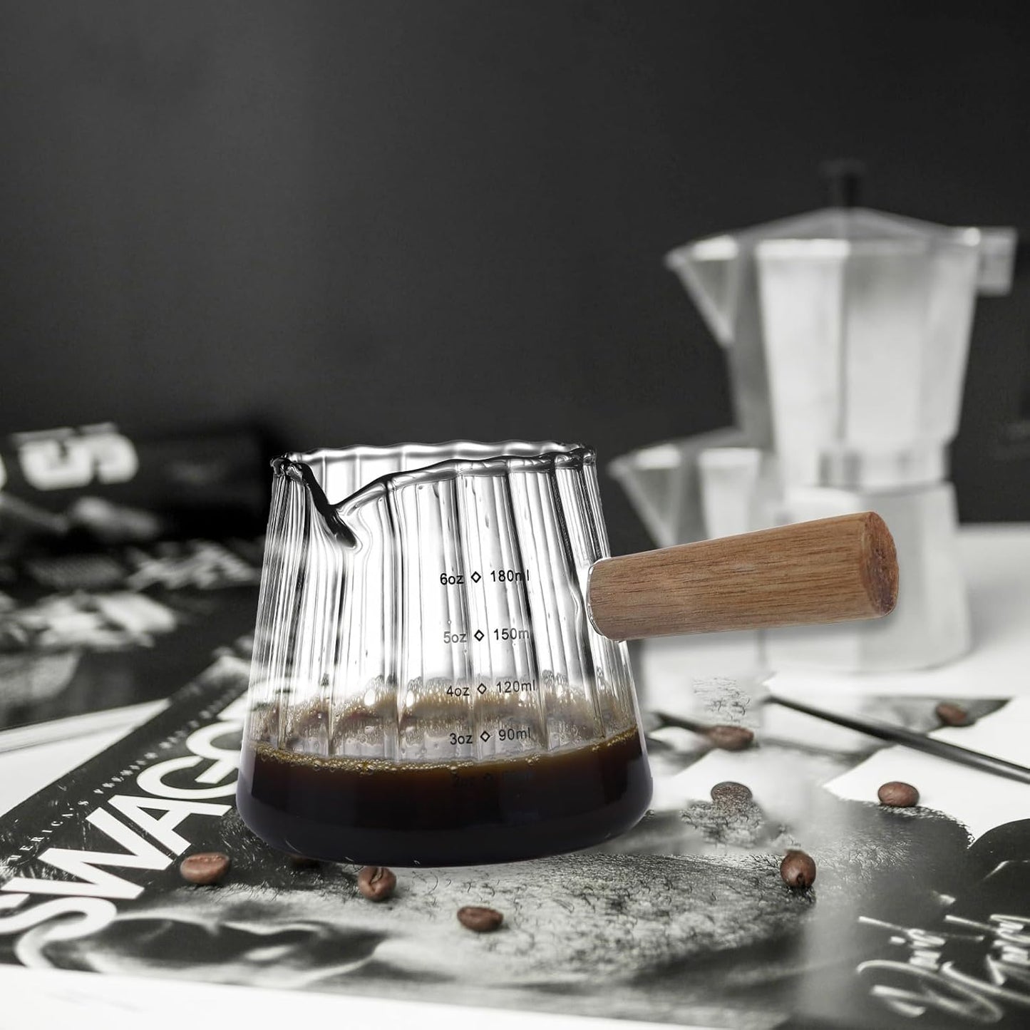 Espresso Measuring Cup 6 Oz, Espresso Glass Cups with Wood Handle, Milk Frothing Cup, Espresso Cup for Coffee, Milk, Tea or Maple Syrup Serving