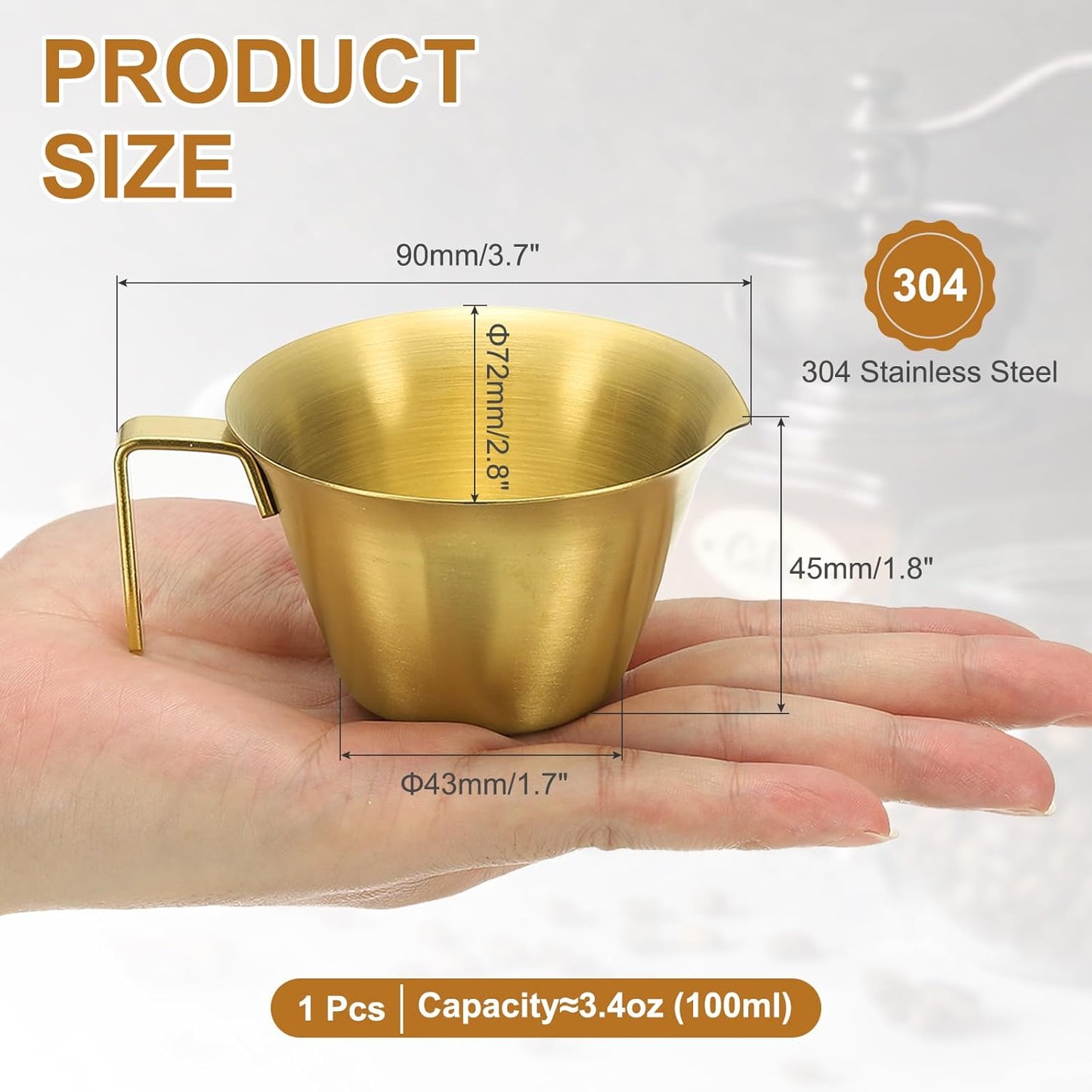 uxcell 1 Pcs Stainless Steel Espresso Cup with Handle, V-Shaped Mouth Espresso Measuring Cup with Scale for Preparing Coffee, Cocktails, 3.4OZ/100ML (Gold)