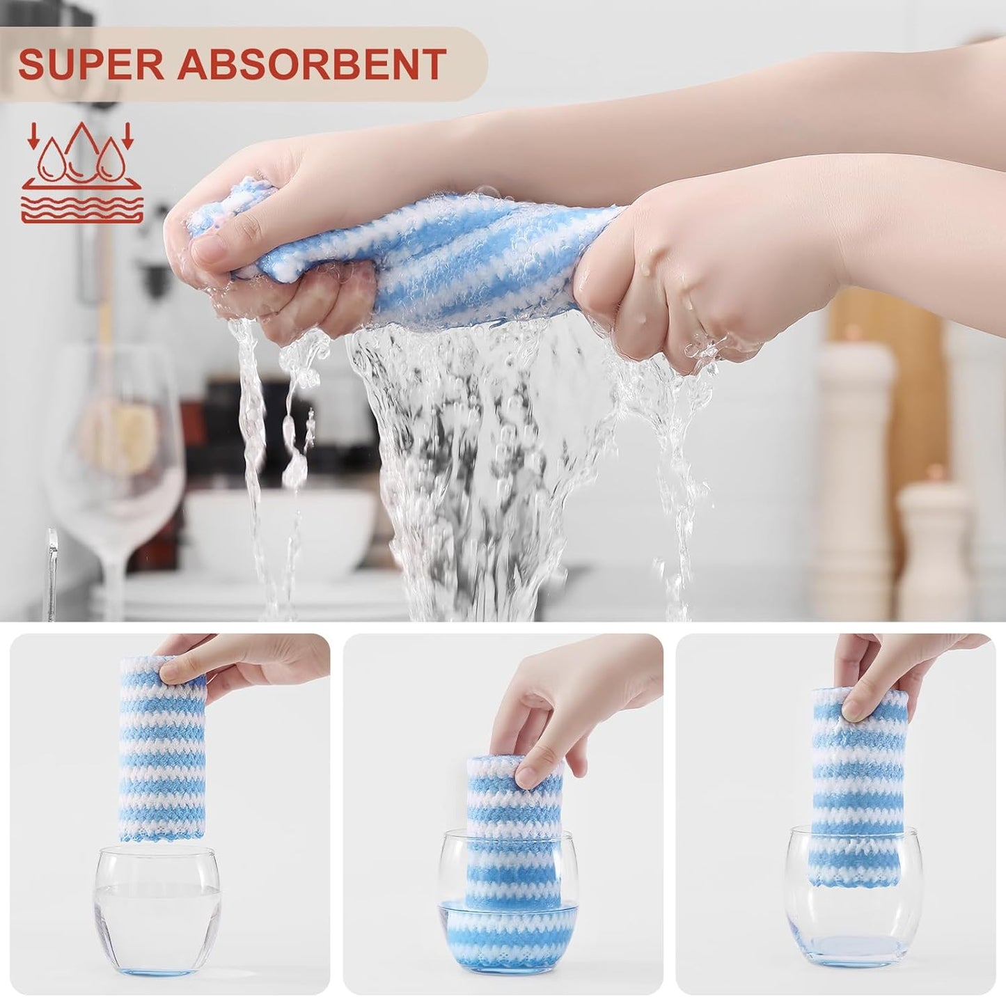 Homaxy Kitchen Towels(12 Pack, 10 x 20 inches), Ultra Soft and Absorbent Dish Towels, Reusable Fast Drying Microfiber Cleaning Cloth, Coral Velvet Wave Design No-lint, Blue