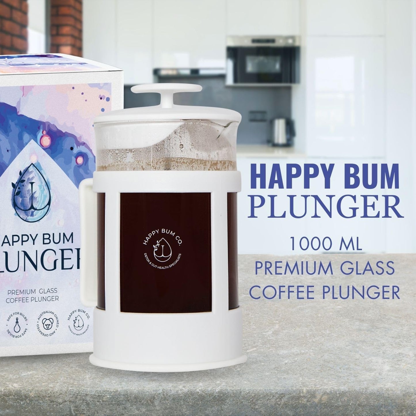 Happy Bum Coffee Plunger | 1 Liter(33.8oz) Glass French Press Stainless Steel Strainer | Easy to Use & Clean French Coffee Press Glass for Brewing and Storing Coffee Blend