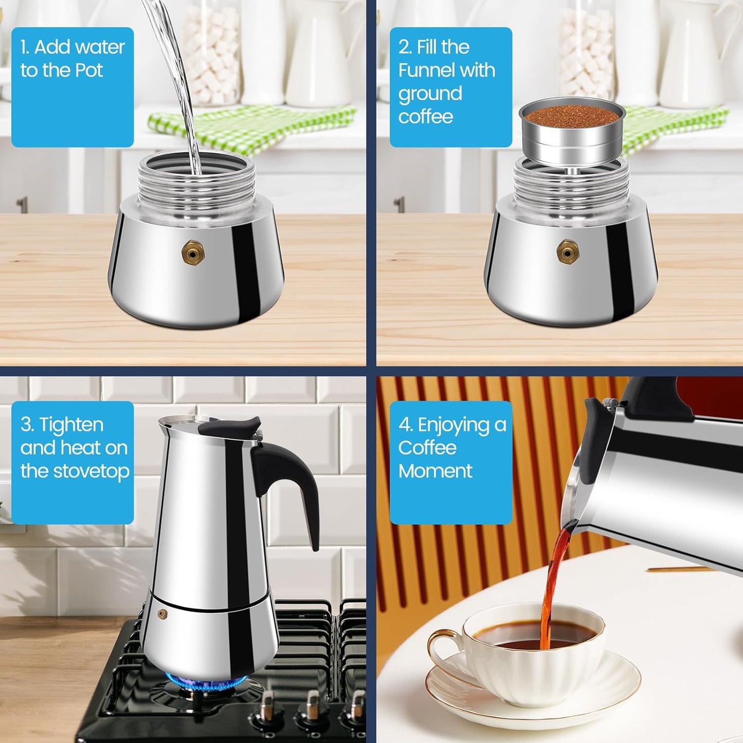 4 Cup Moka Pot Stainless Steel 200ml Italian Espresso Coffee Maker Stovetop CoffeeMakers Mocha Pot Percolator for Induction Stove Classic Cafe Makers Portable for Easy Brewing Tummy