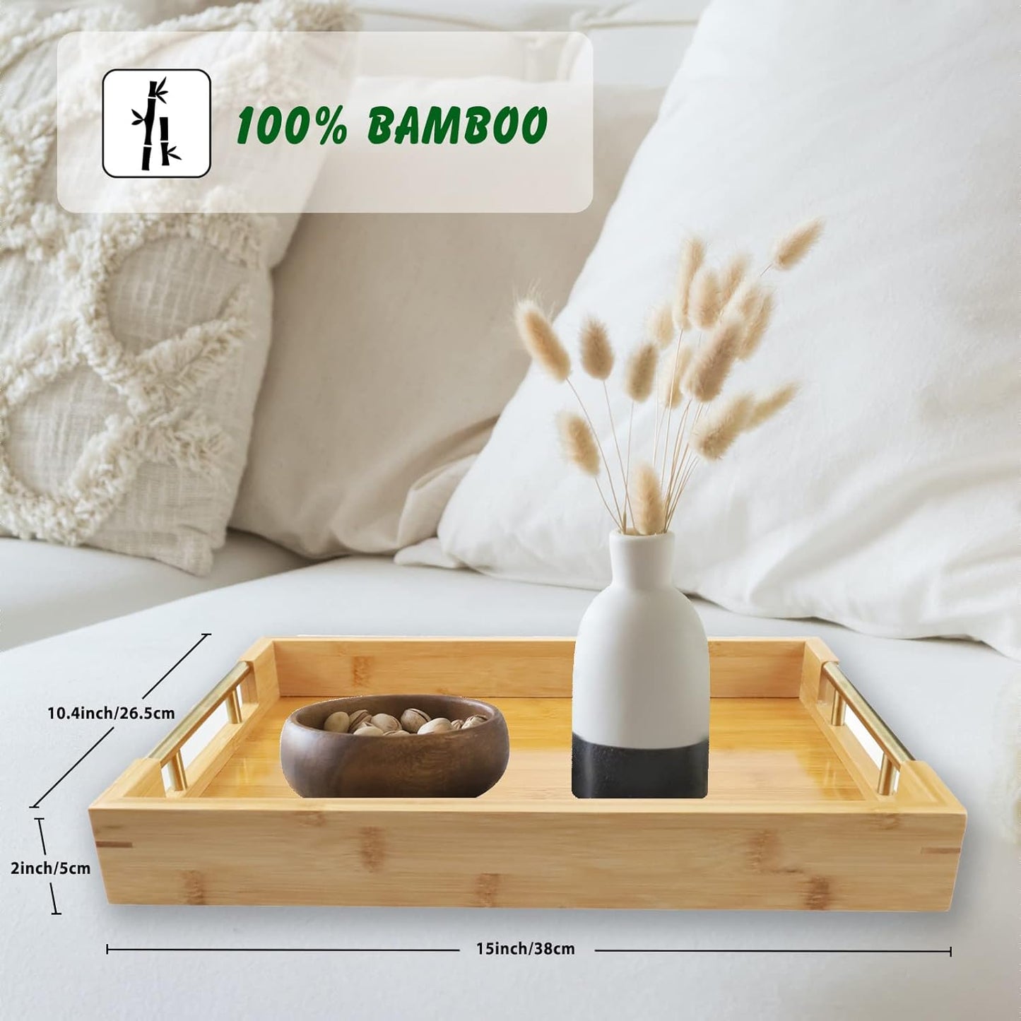 Bamboo Wood Serving Tray with Gold Polished Metal Handles, Decorative Tray Platter Coffee Table Tray Rectangular Wooden Breakfast Tray for Ottoman, Kitchen, Bedroom, Lap &Couch - 15x10.4 Inch
