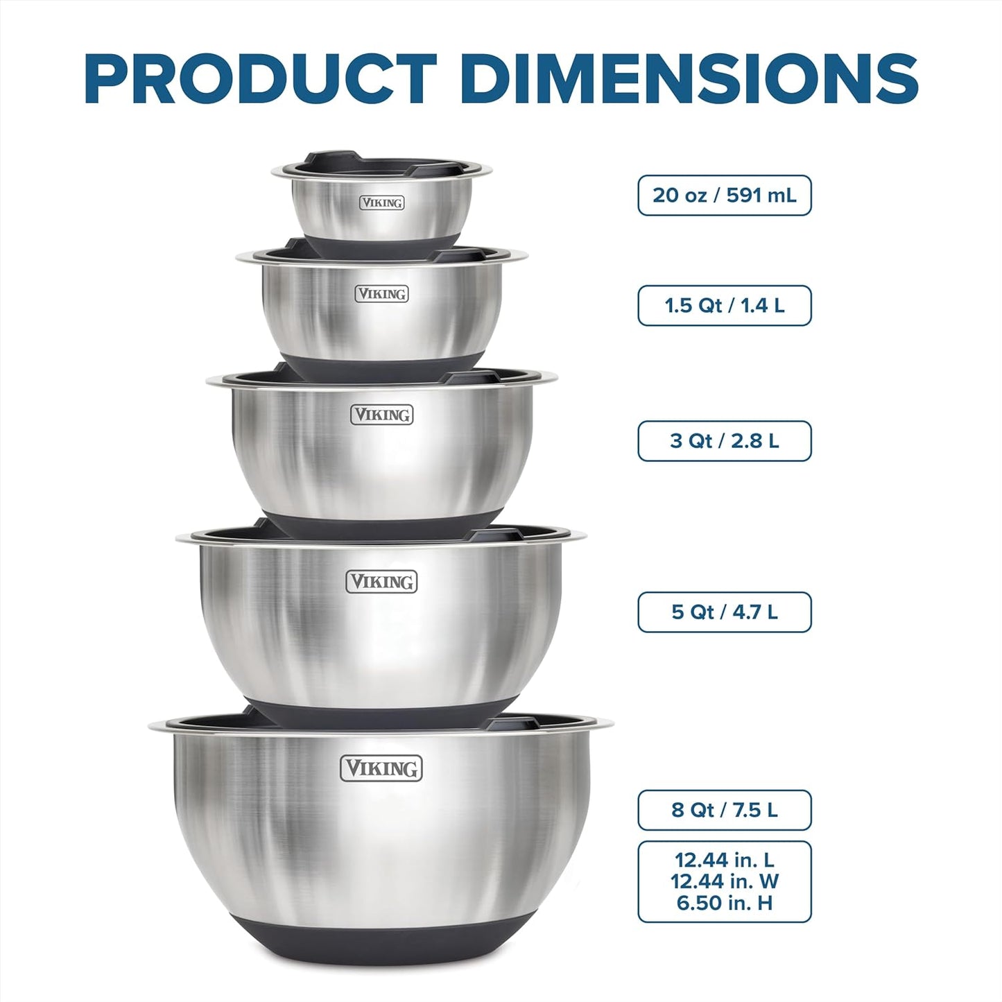 Viking Mixing Bowls Set, 10 Piece Stainless Steel Kitchen Cookware, Non-Slip Silicone Base, Includes Tight Fit Lids, Dishwasher Safe, Black