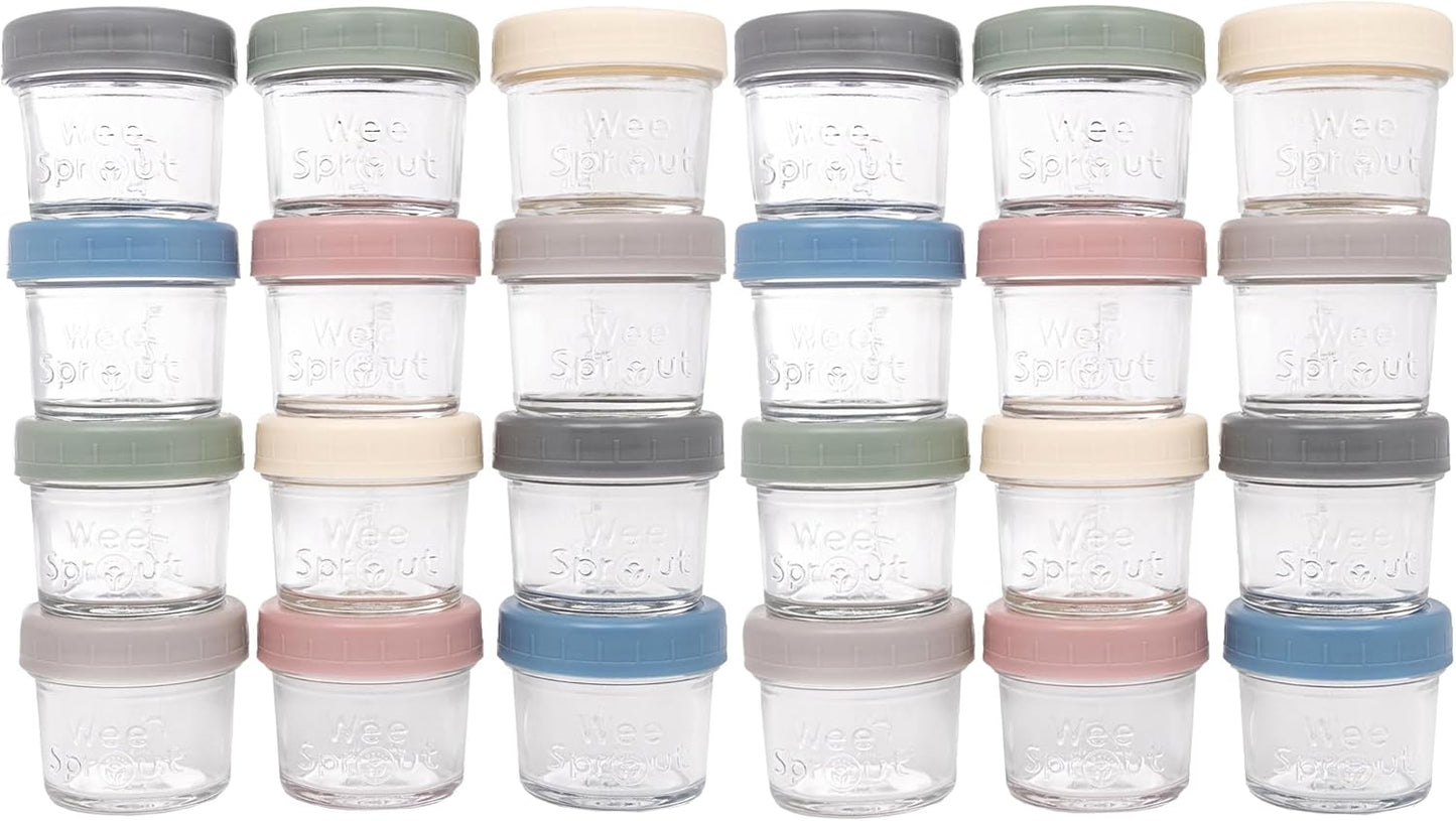 WeeSprout Baby Food Storage Glass Jars w/Lids (4 oz, 24 Pack) Matte Variety, Snack, Reusable Small Containers, Fridge or Freezer, Microwave & Dishwasher Safe, Essentials for Infants