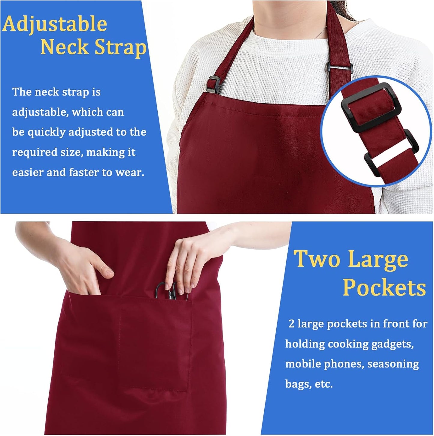 4 Pack Chef Apron, Adjustable Apron with 2 Pockets, Unisex Personalised Apron for Cooking, Kitchen, Restaurant