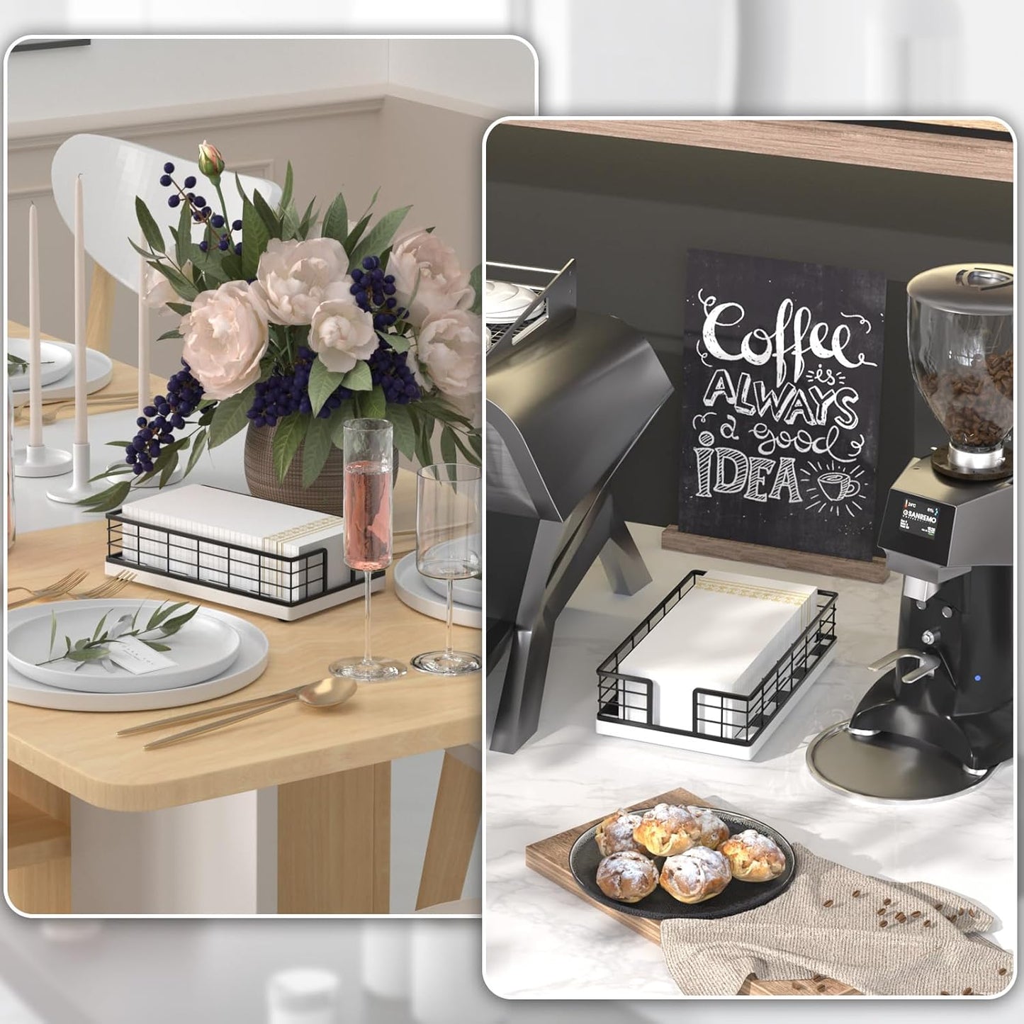 Wican Guest Towel Holder Tray for Bathroom, Oak and Iron Napkins Holder for Powder Room Dinning Table Wooden Basket for Disposable Paper Hand Towels Black and White