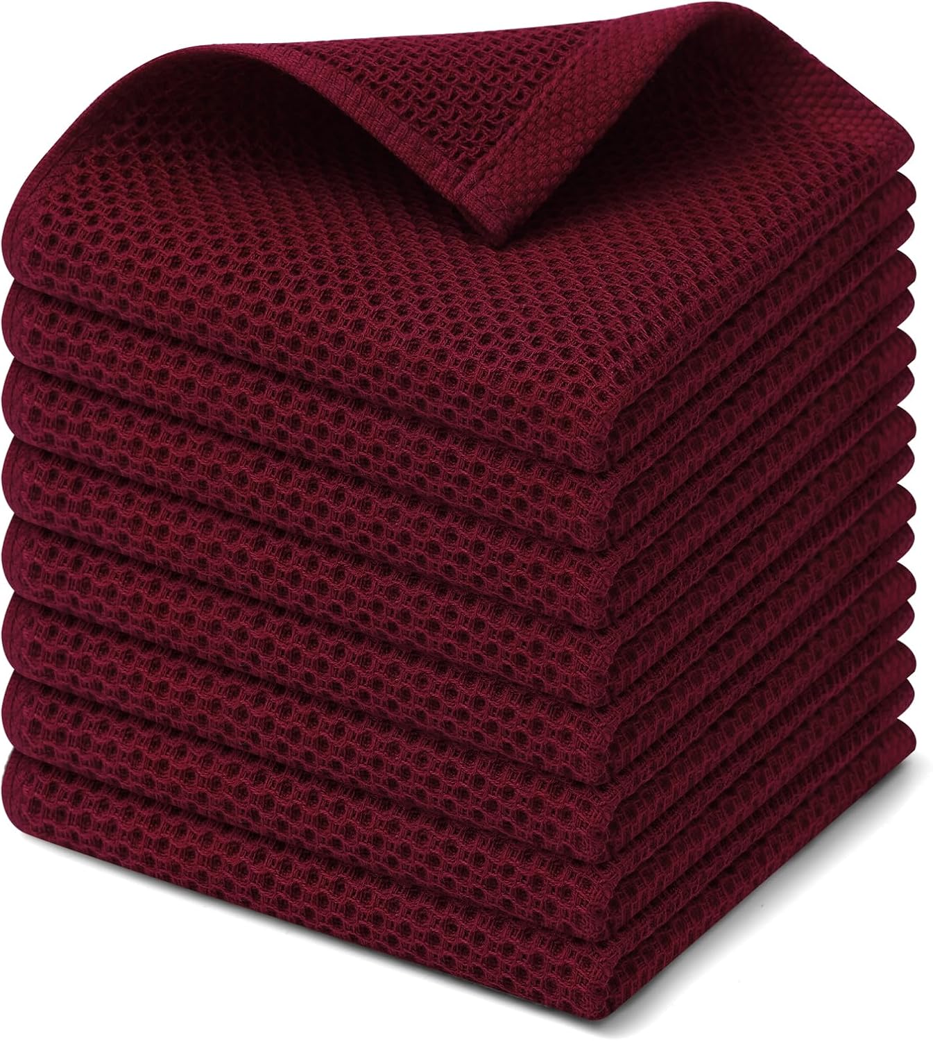 Kitinjoy 100% Cotton Kitchen Dish Cloths, 8 Pack Waffle Weave Ultra Soft Absorbent Dish Towels for Drying Dishes Quick Drying Kitchen Towels Dish Rags, 12 X 12 Inches, Burgundy