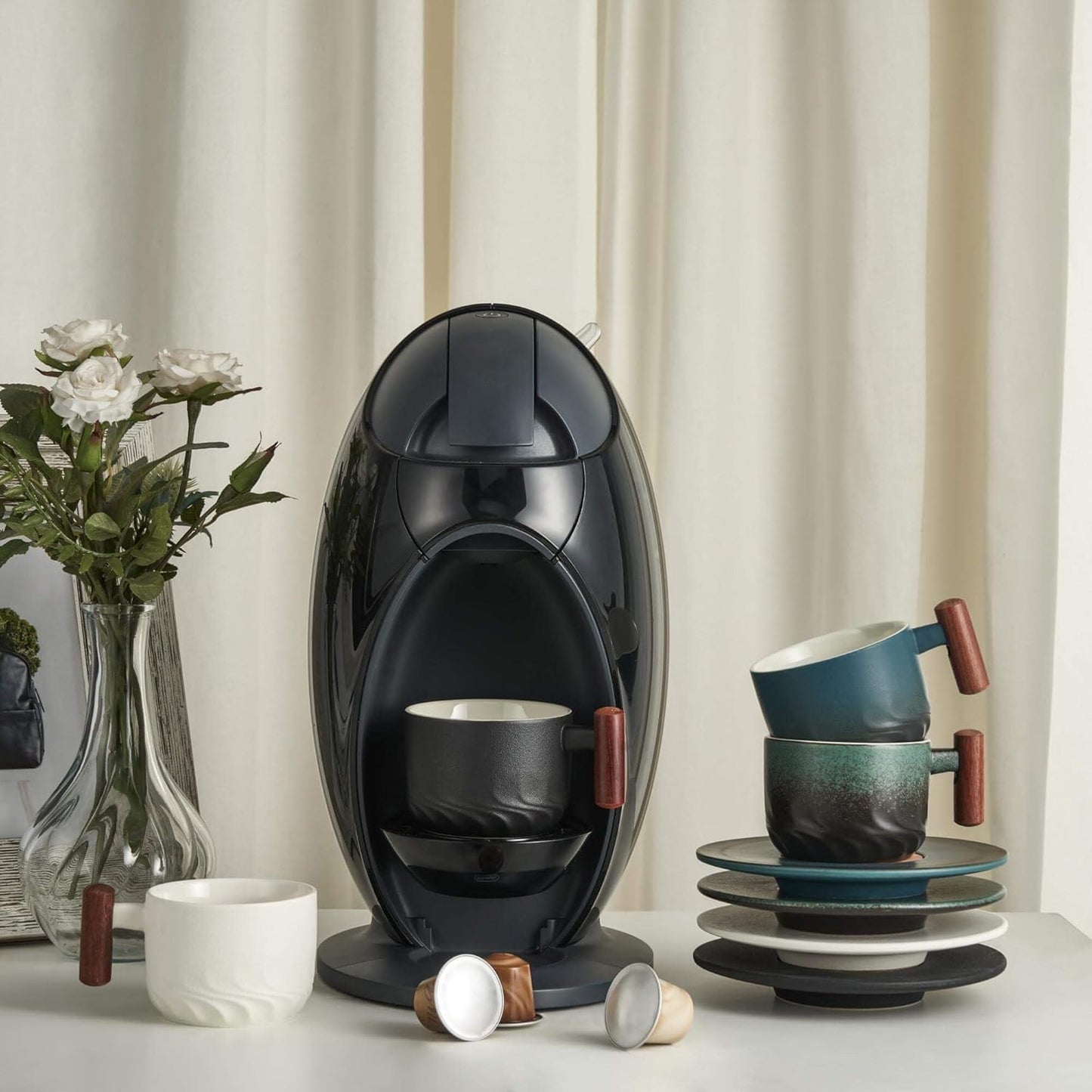 6oz Ceramic Espresso Cups with Wooden Handle, Small Coffee Cups for Latte Cappuccino, Tea Cups Set of 4