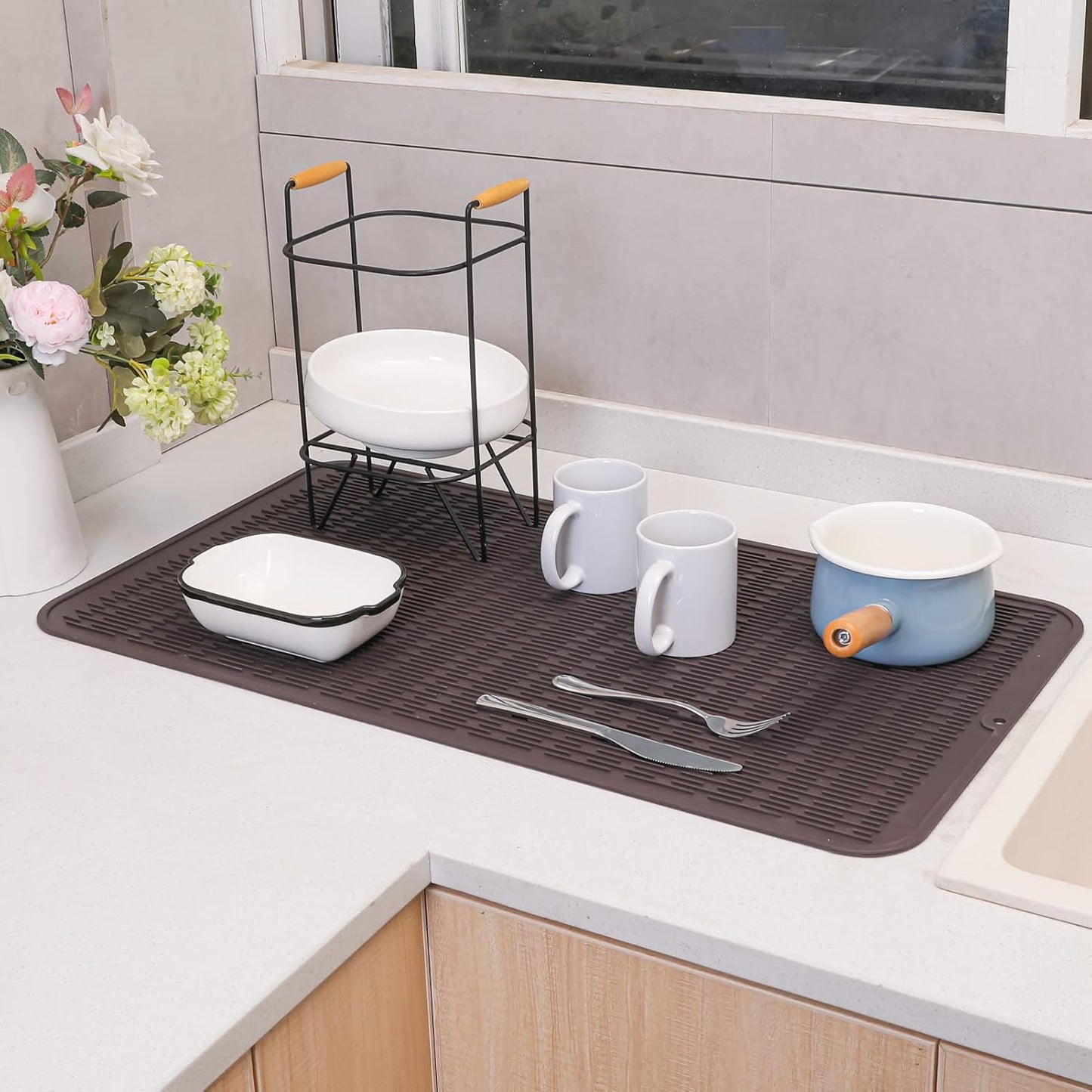 Silicone Dish Drying Mat for Multiple Usage,Easy clean,Eco-friendly,Heat-resistant Silicone Mat for Kitchen Counter or Sink,Refrigerator or Drawer Liner Coffee 4XL 32 inches x 18 inches