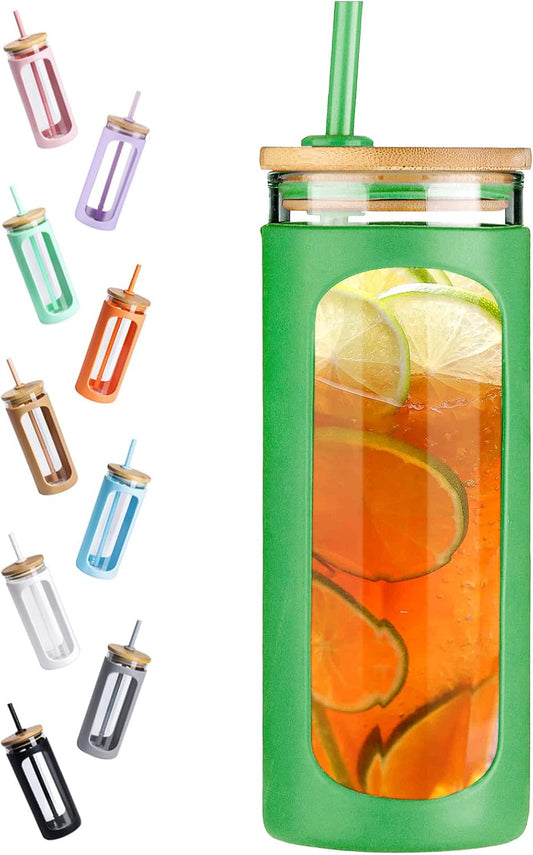 Kodrine 20oz Glass Tumbler with Straw and Lid, Iced Coffee Cups with Bamboo Lids, Glass Cups for Cold Drinks, Smoothie Cup with Silicone Sleeve for Travel, Work, BPA FREE-SpringGreen