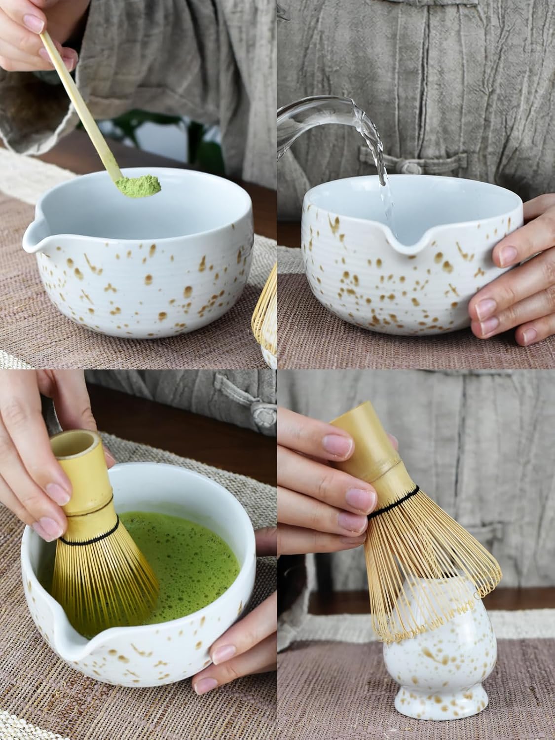 Artcome Matcha Tea Set - Ceramic Matcha Bowl with Pouring Spout, Bamboo Whisk, Whisk Holder, Tea Scoop & Matcha Manual – Complete Traditional Japanese Tea Ceremony Kit for Home, Office, or Gift, Brown