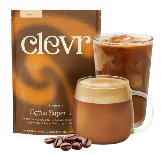 Clevr Blends Mushroom Coffee Latte, Instant Powder with Oat Milk, Lions Mane, Reishi Mushroom, Arabica Coffee Beans Medium Roast Fair Trade, Coconut Cream, Ashwagandha, Serve Hot or Iced, (14 Lattes)