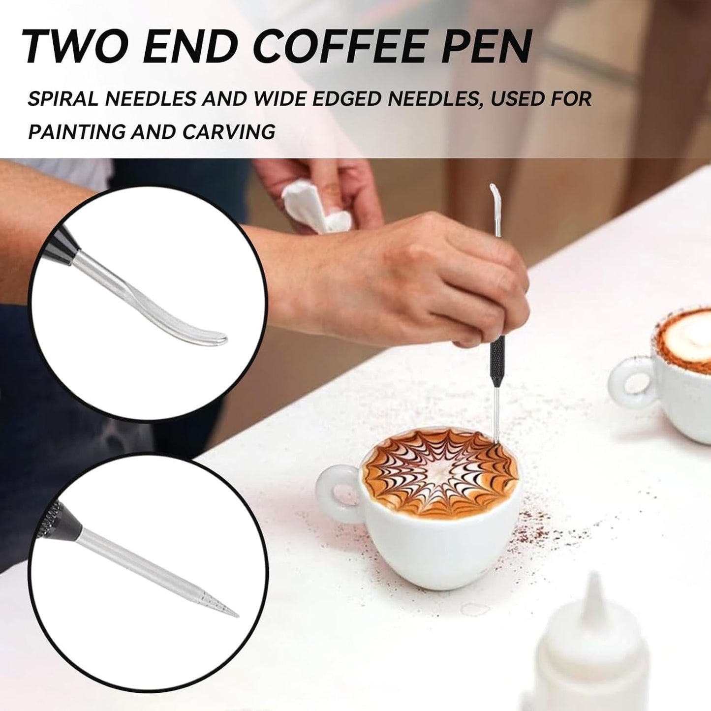 Stainless Steel Latte Art Pen, 2Pcs Latte Art Tools 2 Ends Coffee Art Pen Professional Barista Tool for Cappuccino Latte Espresso