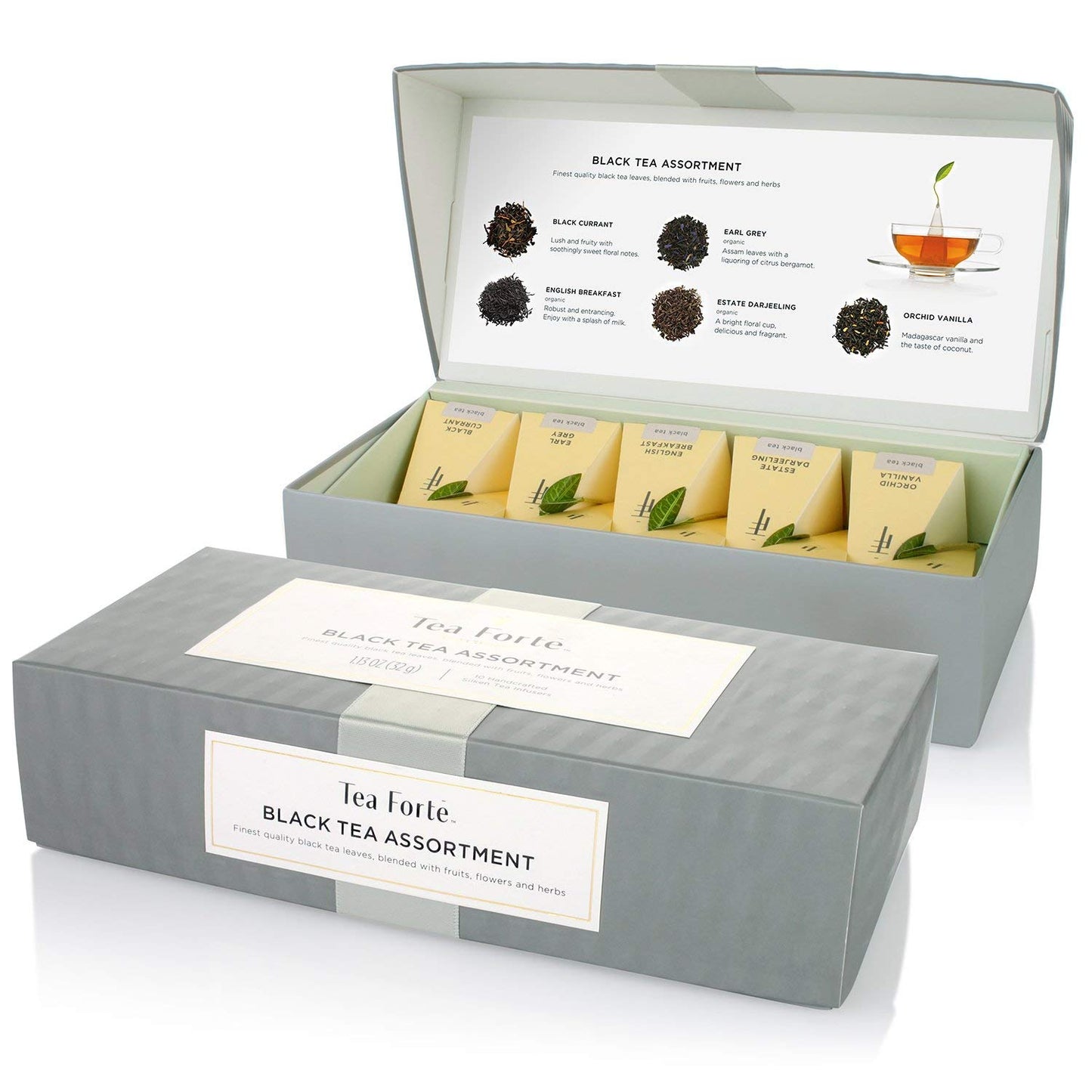 Tea Forte Assorted Black Tea Petite Presentation Box Tea Gift Set Sampler, 10 Count, 2 of Each Variety Individually Wrapped Handcrafted Pyramid Infuser Bags