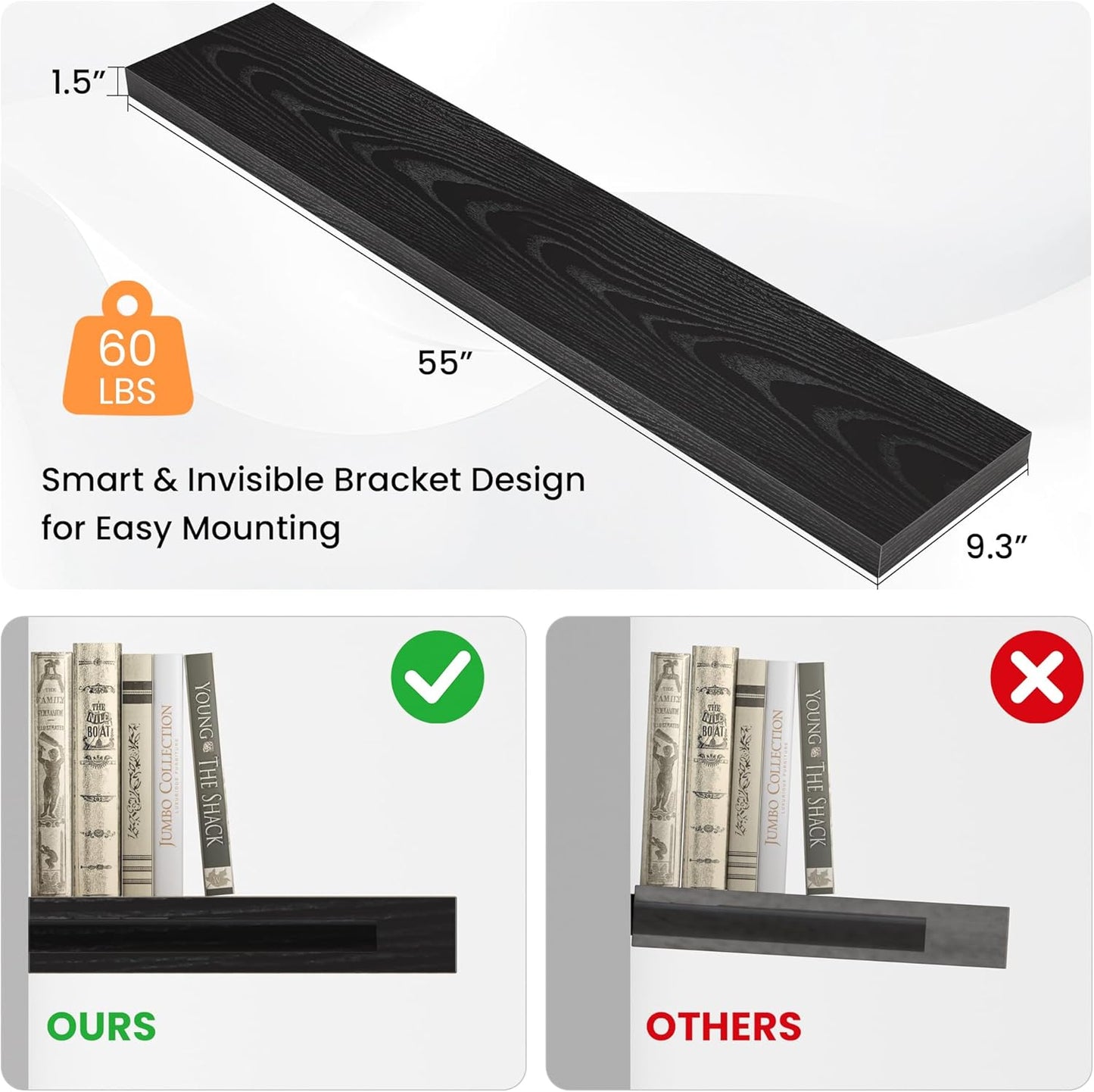 Floating Shelves for Wall, 55"W x 9.3"D x 1.5"H, Long Wooden Wall Mounted Display Shelves with Invisible Brackets for Living Room, Bedroom, Bathroom, Kitchen Decor and Storage, Set of 1, Black