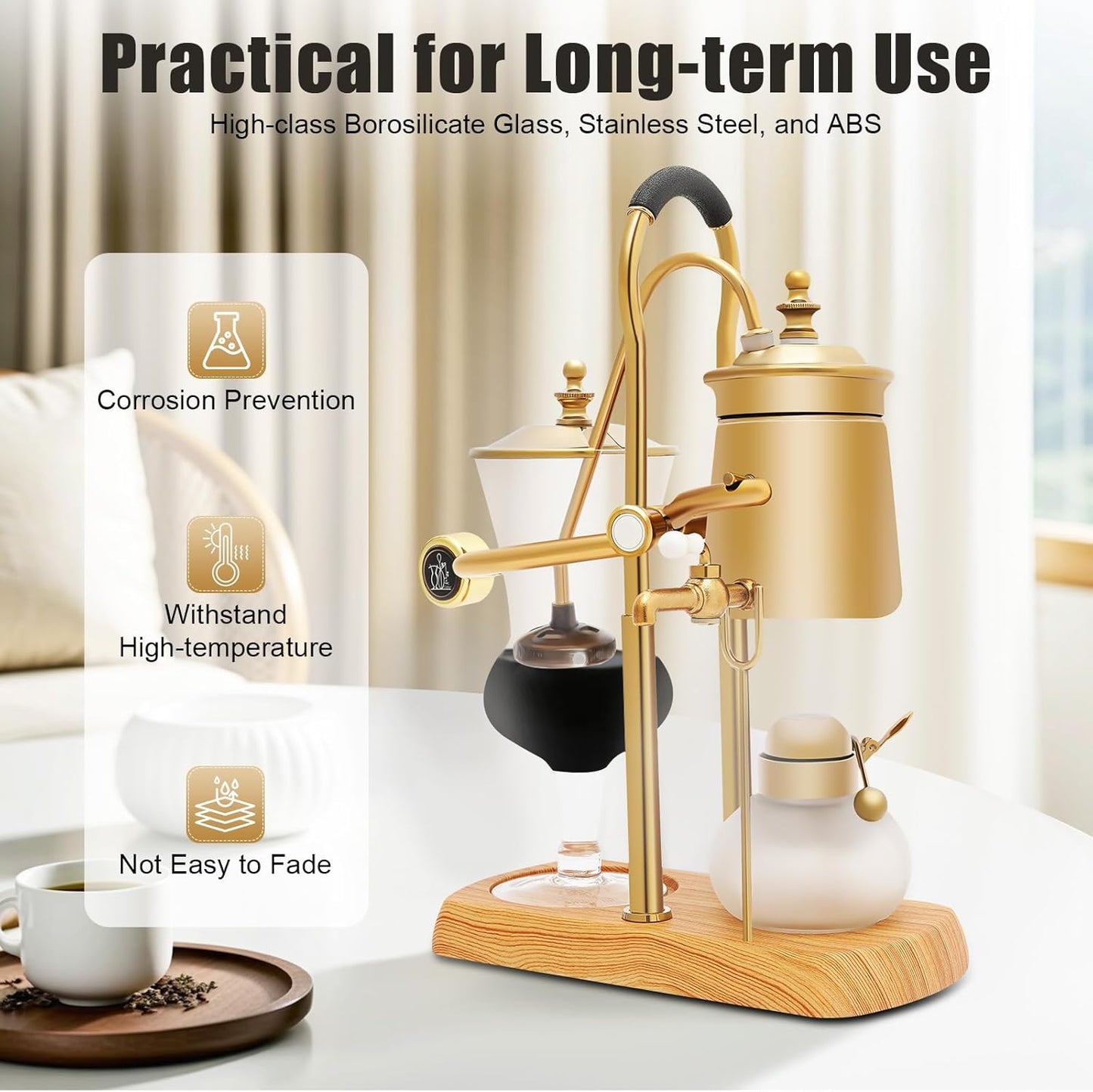 Balance Siphon Coffee Maker, Coffee Brewer Vintage with Alcohol Burner Bottle and Measuring Cup Spoon, 400ml Gravity Coffee Maker for Personal Kitchens Coffee Shops (Gold)