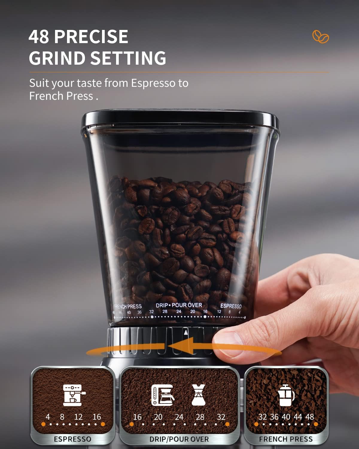 SHARDOR Professional Conical Burr Coffee Grinder, Coffee Bean Grinder with 48 Grind Settings for Espresso, Drip & French Press, Upgraded Anti-Static Technology, Precision Timer, Stainless Steel