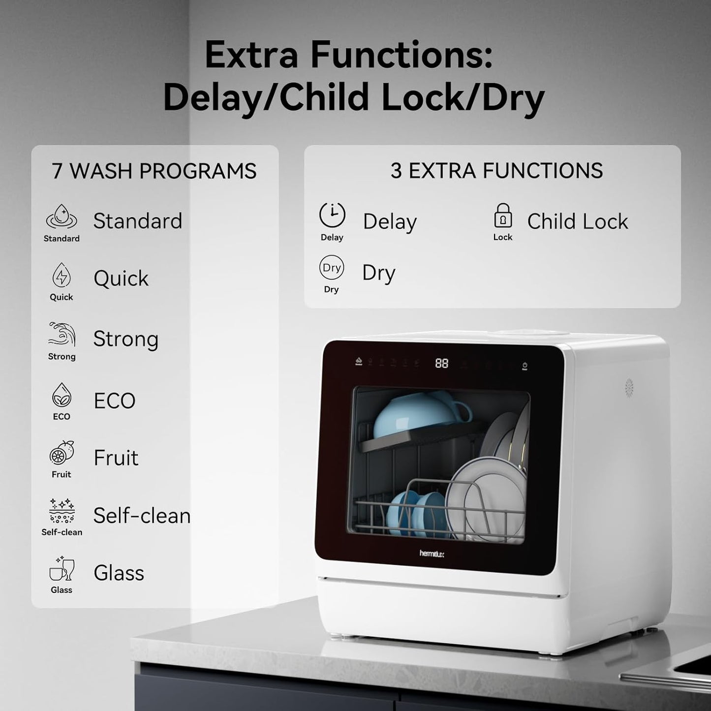 Hermitlux Countertop Dishwasher, 7 Washing Programs Portable Mini Dishwasher with 5-Liter Built-in Water Tank for Apartments & RVs, LED Light, Glass Door, No Hookup Needed