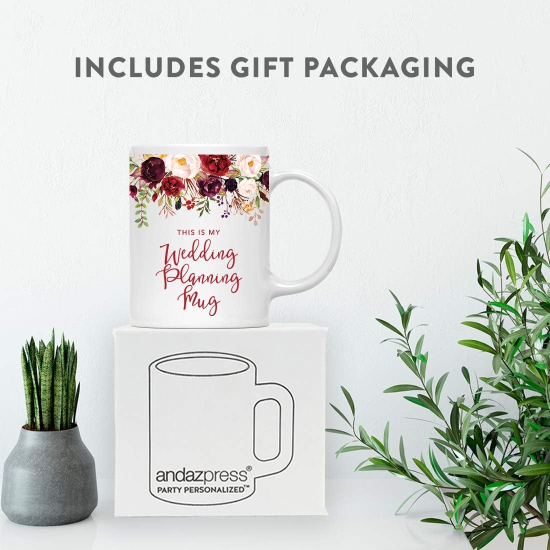 Andaz Press 11oz. Wedding Ceramic Coffee Tea Mug Gift, Fall Autumn Marsala Burgundy Flowers Roses Florals, This is My Wedding Planning Mug, 1-Pack, Includes Gift Box