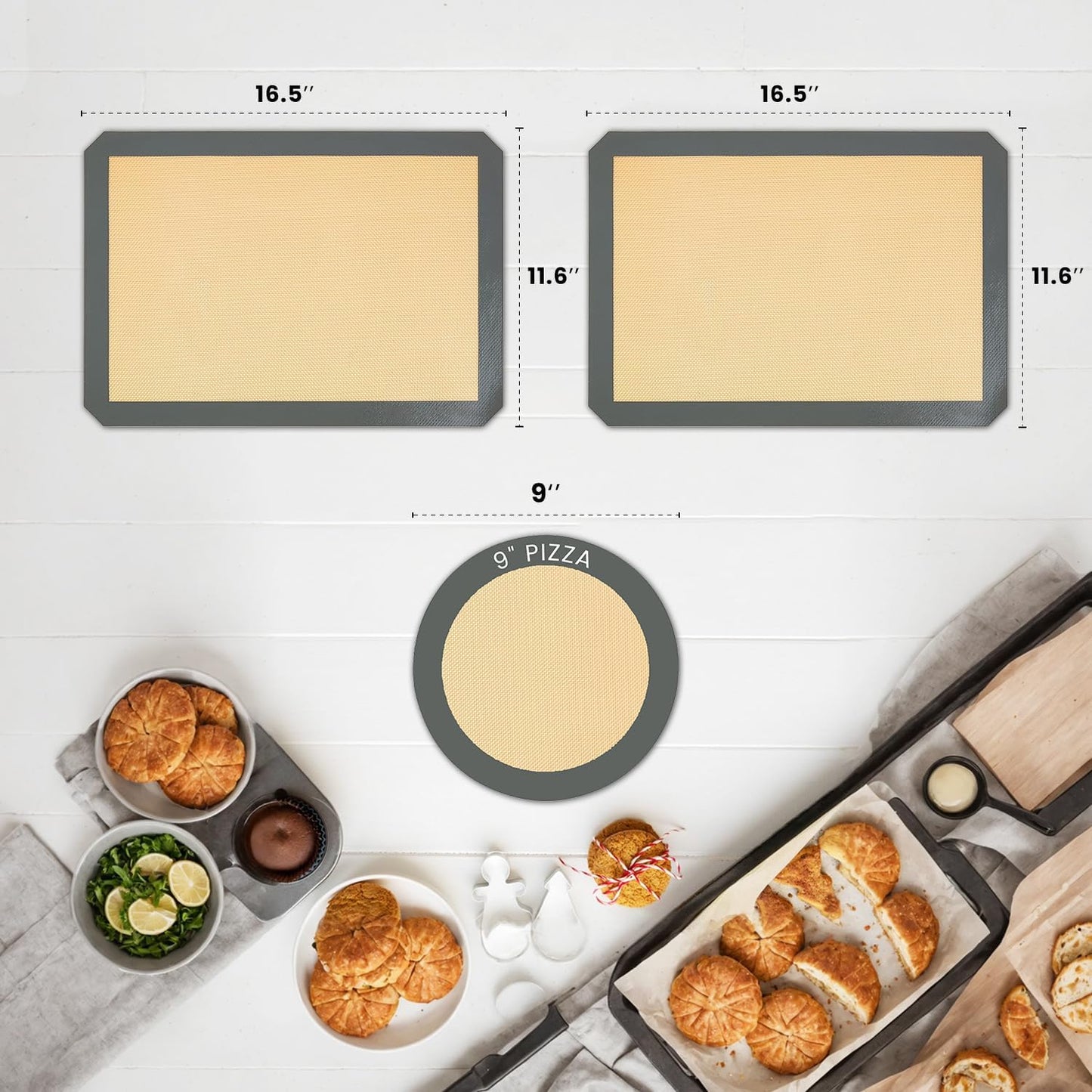 2 Half Sheet Nonstick Silicone Baking Mats and Microwave Toaster Oven Pizza Mat Circle 9" - Thick Heavy Duty Silicone Baking Sheet Non Stick 1/2 for Macaron Cookie - 3 Pack Reusable Cooking Pads