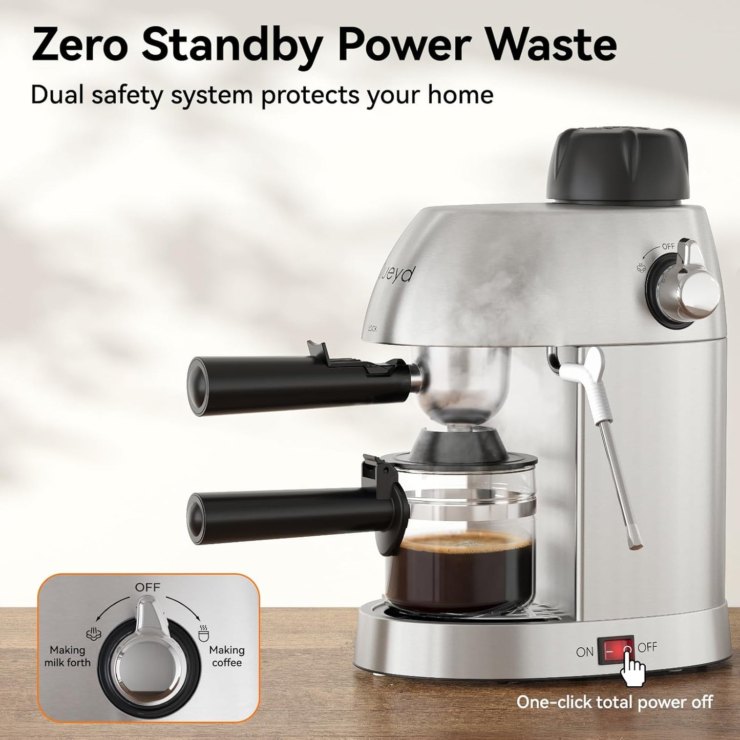 Queyd 3.5 Bar Espresso Machine,4-Cup Stainless Steel Coffee Maker with Steam Milk Frother, Compact Design Coffee Machine with Removable Drip Tray for Latte and Cappuccino, Silver