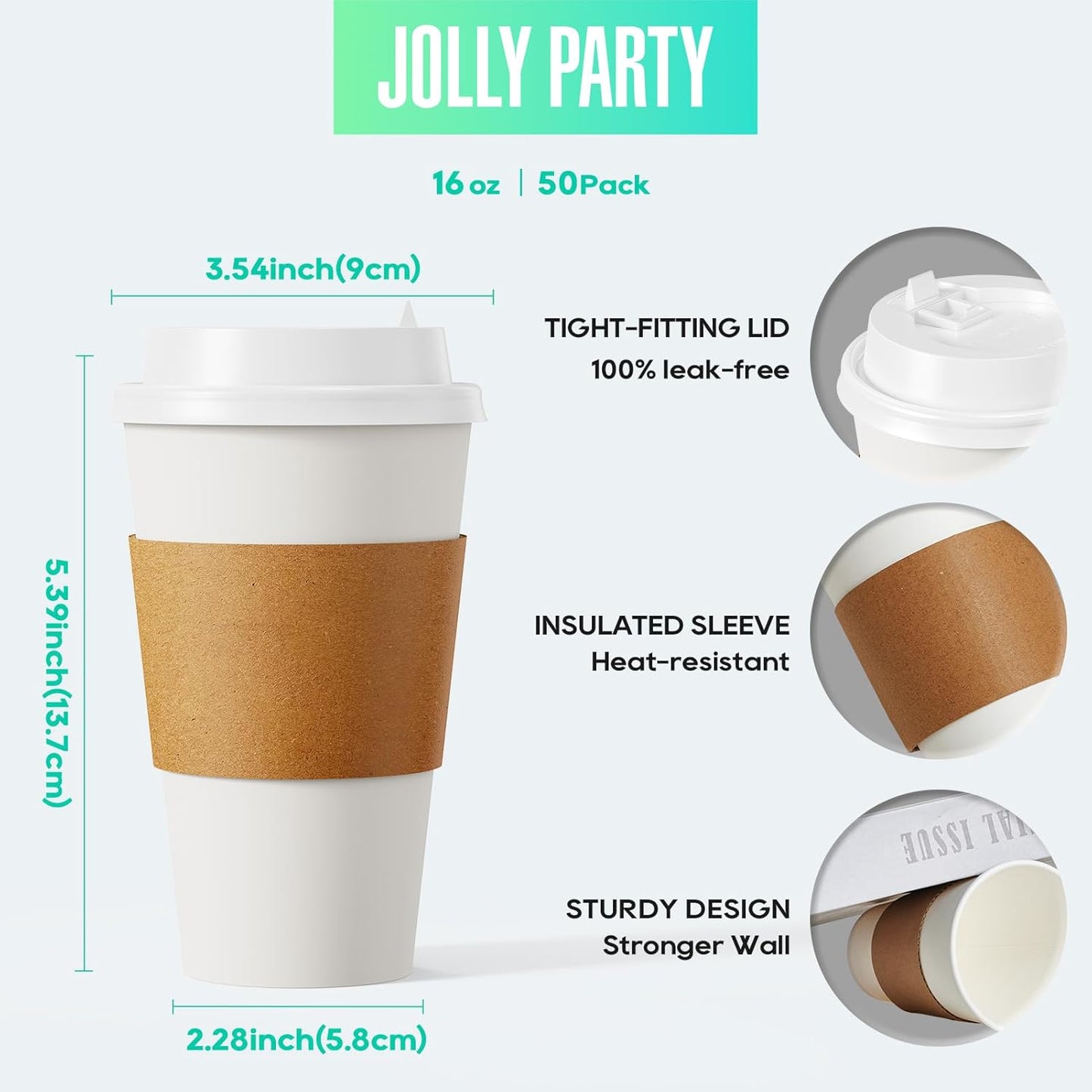 JOLLY PARTY [50 Pack] 16 oz Paper Coffee Cups, Disposable Paper Coffee Cup with Lids, Sleeves, and Stirrers, Hot/Cold Beverage Drinking Cup for Water, Juice or Tea, Suitable for Home, Shops and Cafes