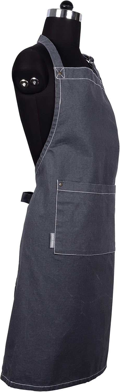 AMOUR INFINI Cotton Solid Aprons for Women with Pocket, Adjustable Strap and Waist Ties Washed Chef Aprons for Cooking, Baking and Gardening (27.5 x 33 Inches - Gray)