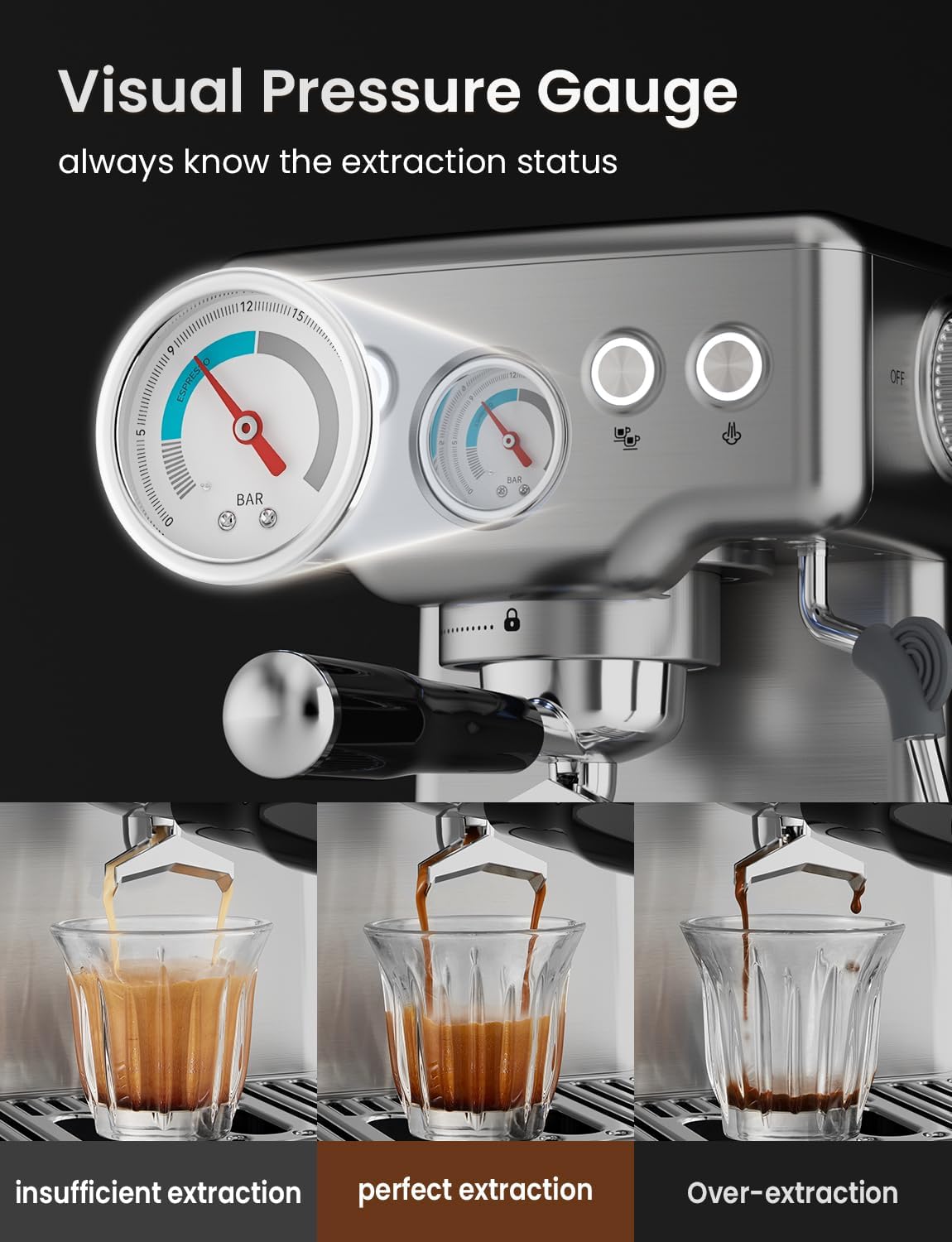 Neretva Espresso Machine, 15 Bar Espresso Coffee Machine with Visible Pressure Guage Professional Espresso Maker with Milk Frother & Stainless Steel for Home Barista Latte and Cappuccino Maker-Silver
