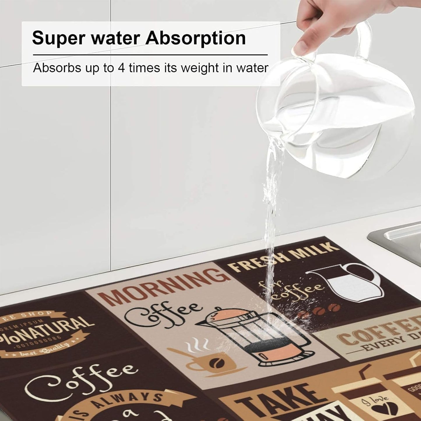 Retro Coffee Pattern Dish Drying Mat, Highly Absorbent Microfiber Kitchen Counter Pad Reusable Washable, 16*18"