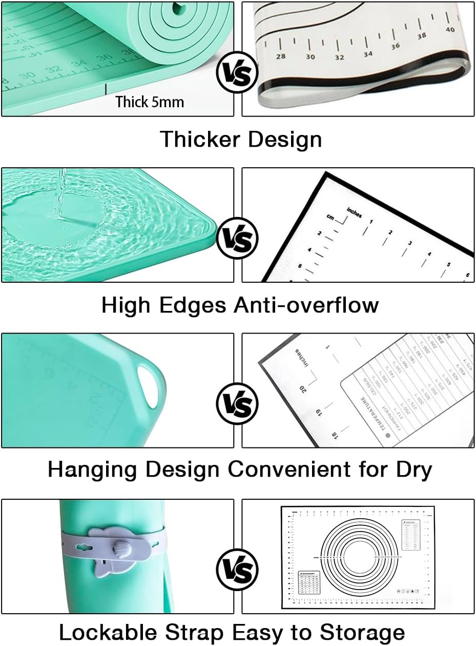 Silicone Pastry Mat 24"x16" Extra Thick Non Stick Baking Mat with Measurement, Food Grade Silicone Rolling Dough Mat, Fondant, Pie Crust Mat, Kitchen Mat with Hang Holes, Raised Edge