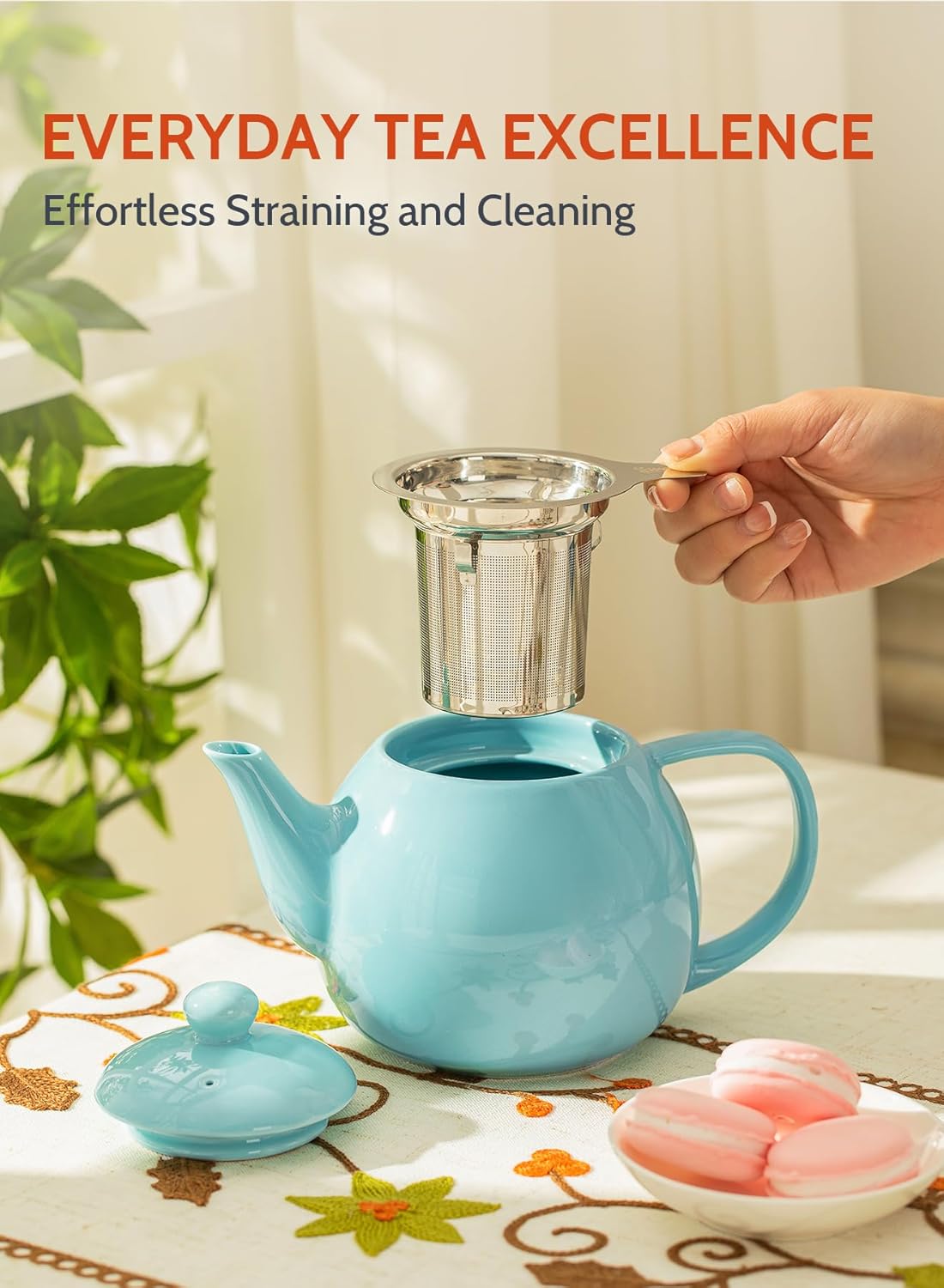 Sweese Teapot, Porcelain Tea Pot with Stainless Steel Infuser, Blooming & Loose Leaf Teapot - 27ounce, Turquoise