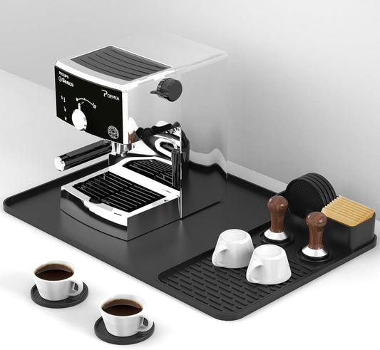 Silicone Coffee Mat with 6PCS Coasters,24''x16'' Kitchen Bar Accessories Fits Under Coffee Maker and Pot,Espresso Machine,Detachable Dish Drying Mat for Tamper,Sugar Packets,Cups,Countertop Protection