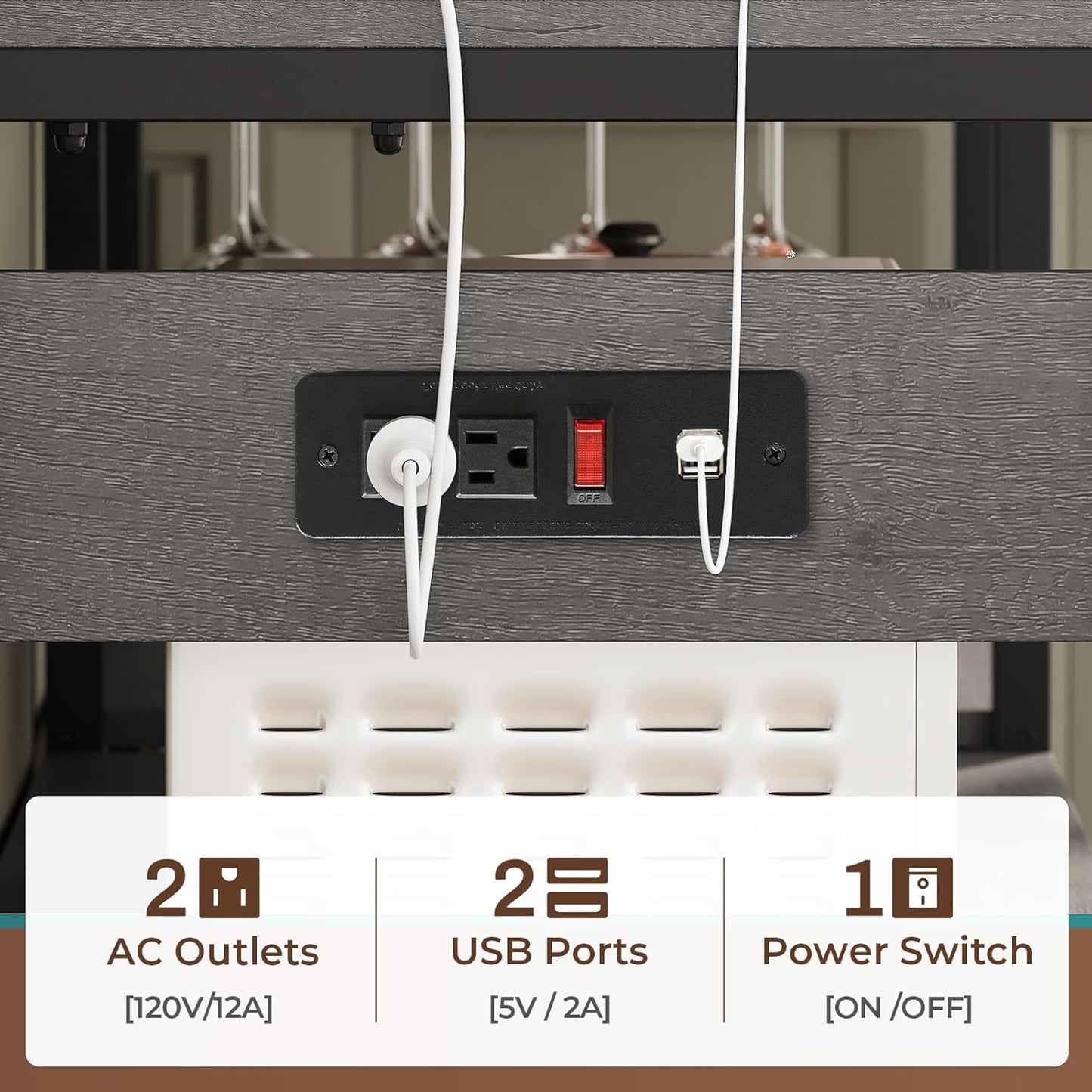 Itaar Bakers Rack with Power Outlet and LED Light, 45.3 Inch Farmhouse Coffee Bar Cabinet, Kitchen Microwave Stand with Storage, Glass Cabinet, Goblet Holder and 8 Hooks (Grey)