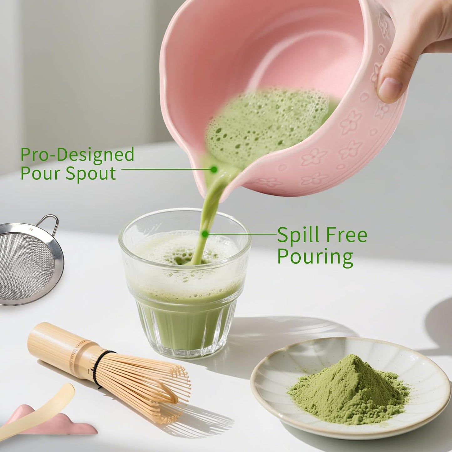 Matcha Whisk Set, Japanese Ceramic Matcha Bowl with Spout, Bamboo Whisk, Sifter, Scoop, Holder, Tea Cloth, 7-Piece Ceremonial Matcha Kit, Gift for Tea Lovers (pink)