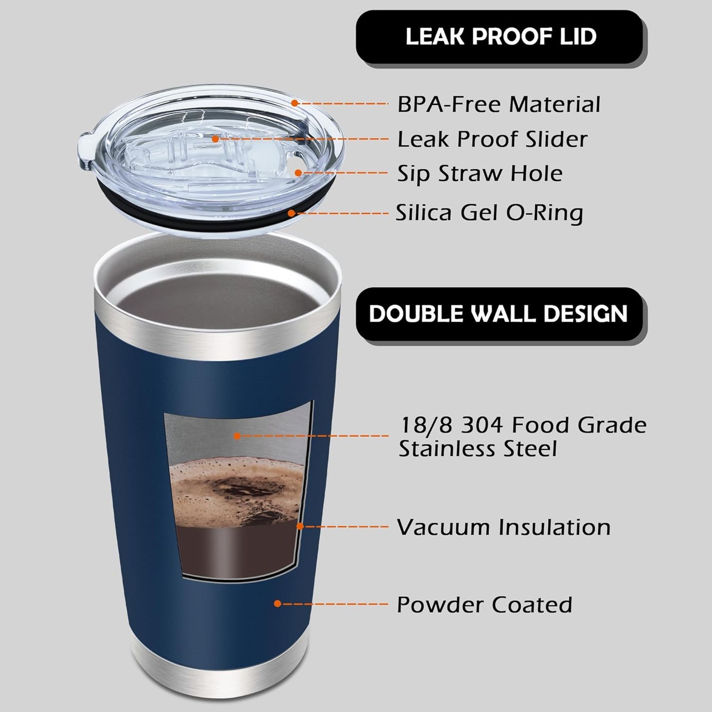 20oz Tumbler Bulk Stainless Steel Tumblers with Lid Vacuum Insulated Double Wall Travel Coffee Mug Powder Coated Tumbler Cup for Hot and Cold Drinks(Navy Blue, 6 pack)