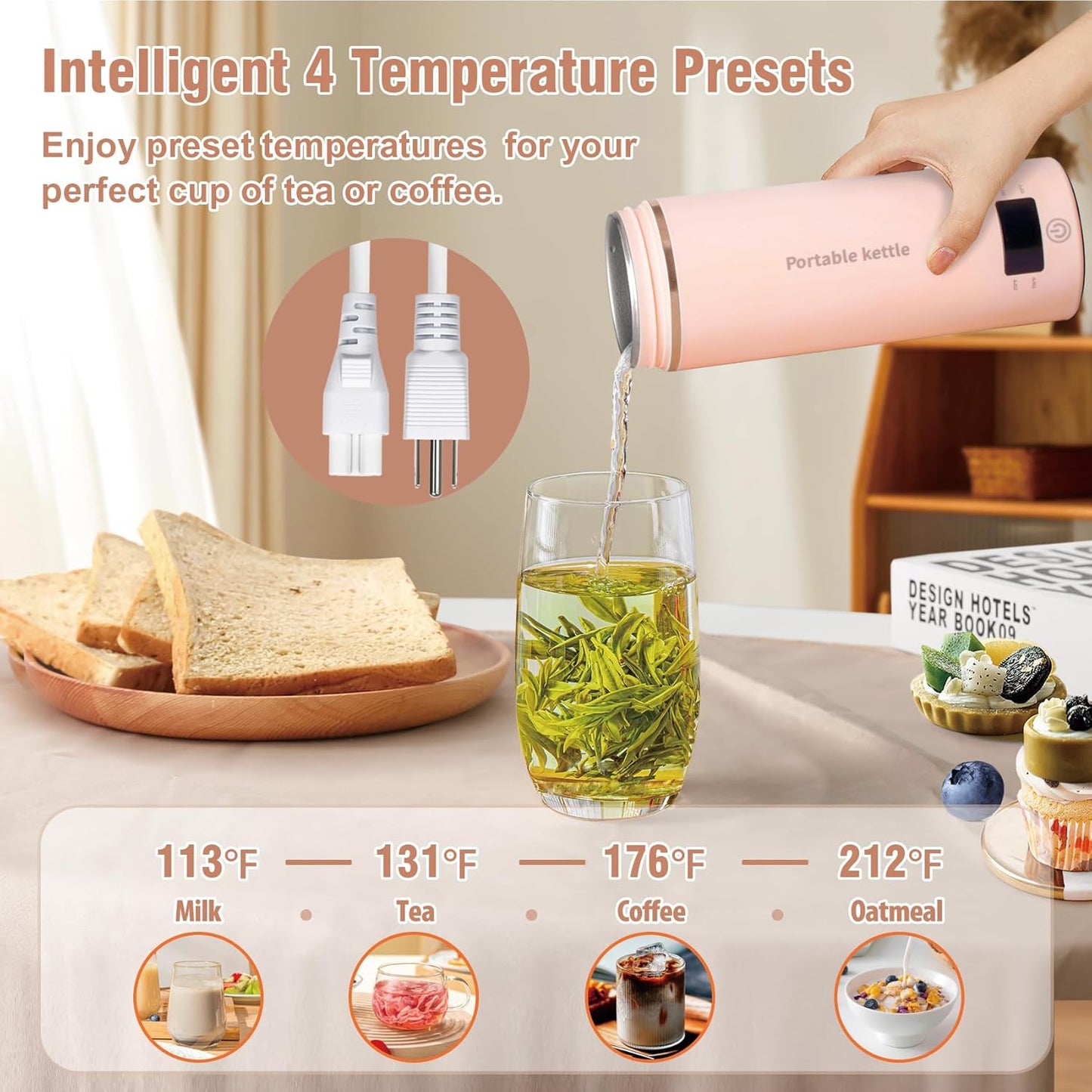 Travel Electric Kettle Portable Mini Kettle,Small Hot Water Boiler with 4 Temperature Settings,304 Stainless Steel,Fast Boiling Water with Auto Shut-Off and Boil Dry Protection (Pink, 400ml)