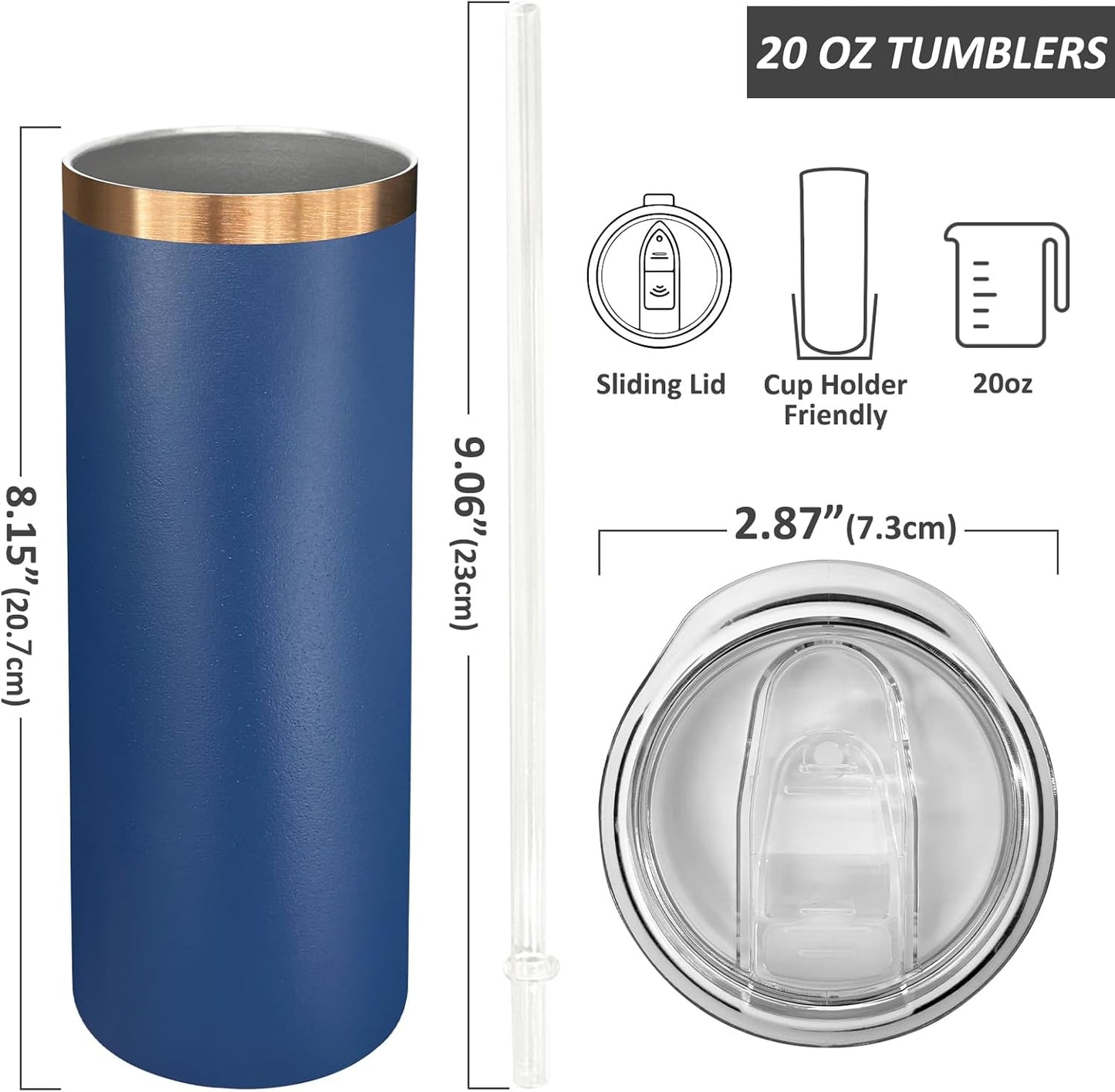 20 oz Skinny Tumblers Bulk 4 Pack, Stainless Steel Insulated Tumbler with Lids and Straws, Slim Double Wall Powder Coated Travel Coffee Mugs Reusable Cup for Hot Cold Drinks (Navy,4 pack)