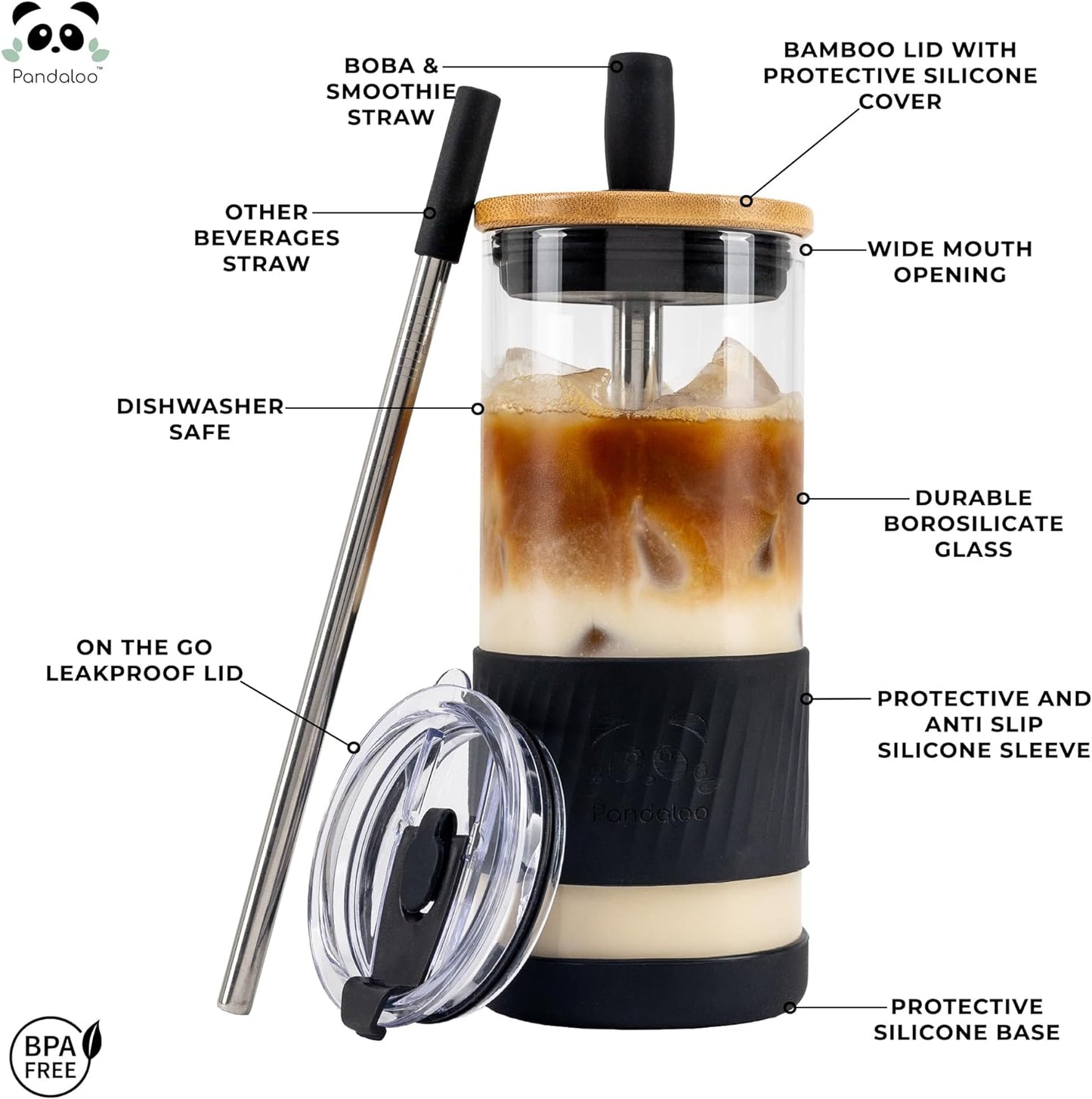 Pandaloo® Glass Cups With Lids and Straws -20 Fl Oz- Perfect Size Iced Coffee Cup - Smoothie Cup With Bamboo Lid and On the go Lid - Glass Tumbler With Straw (1 Count (Pack of 1), Black Saphir)