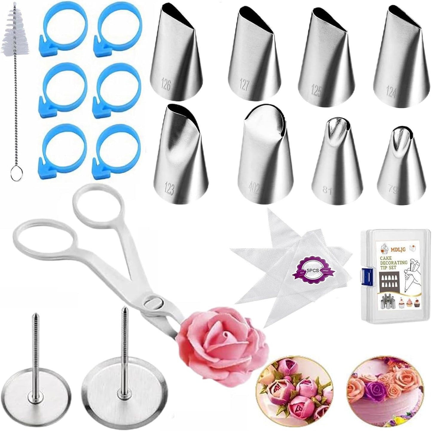 23 pcs Icing Piping Tips（with 8rose flower piping tips 2 Flower Nails 1 Flower Lifter 1Cake Decorating Tips Brush 5 Piping Bags & 6 pastry bag ties）Cake Decorating Tool Kit Petal Icing Tips